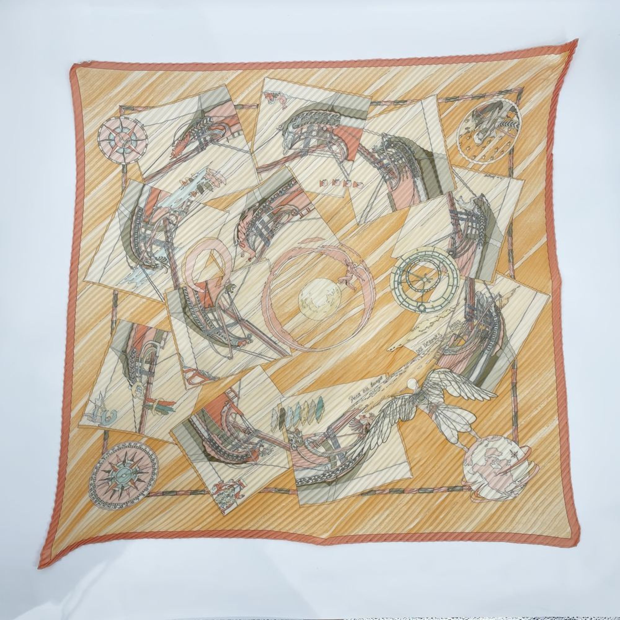 HERMES Hermes scarf/pleats, Pleated Carré 90, face au large, offshore, angel, compass, ship, men's, women's, orange, 20491357