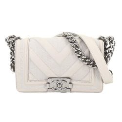 CHANEL Boy Chanel Chain Shoulder Bag Leather Grey Chevron Silver Metal Fittings