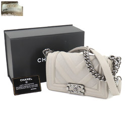 CHANEL Boy Chanel Chain Shoulder Bag Leather Grey Chevron Silver Metal Fittings