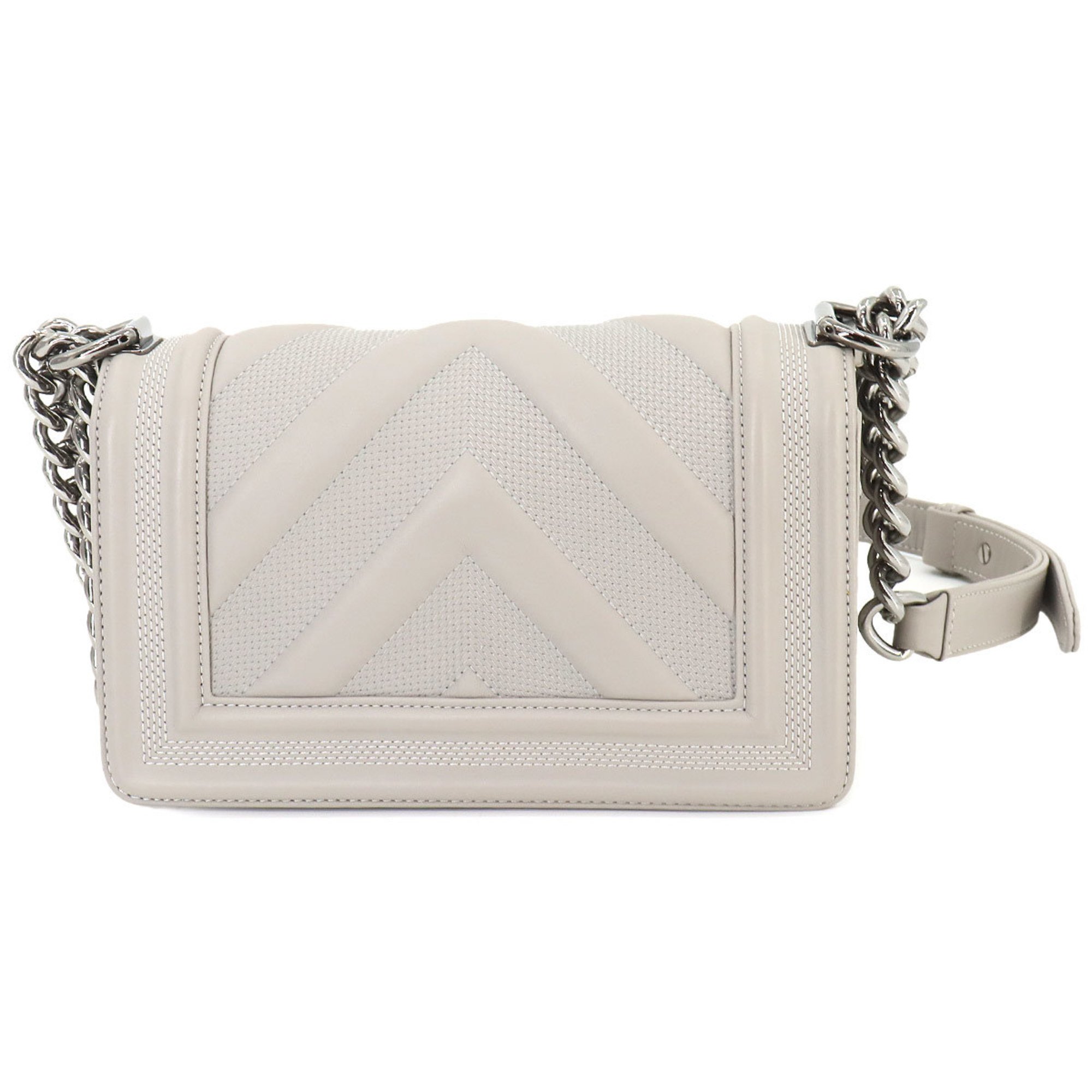 CHANEL Boy Chanel Chain Shoulder Bag Leather Grey Chevron Silver Metal Fittings