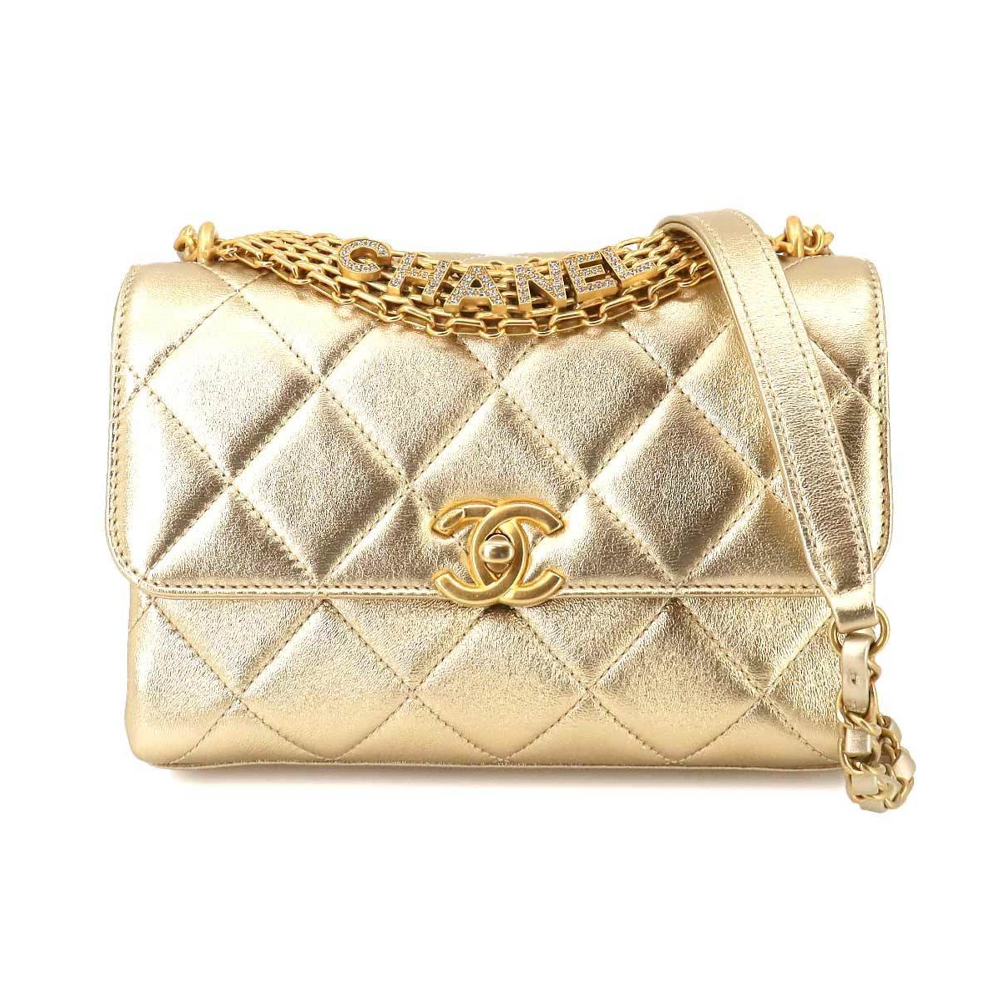 CHANEL Matelasse Flap 2way Chain Hand Shoulder Bag Leather Metallic Gold AS3240 Hardware Mini