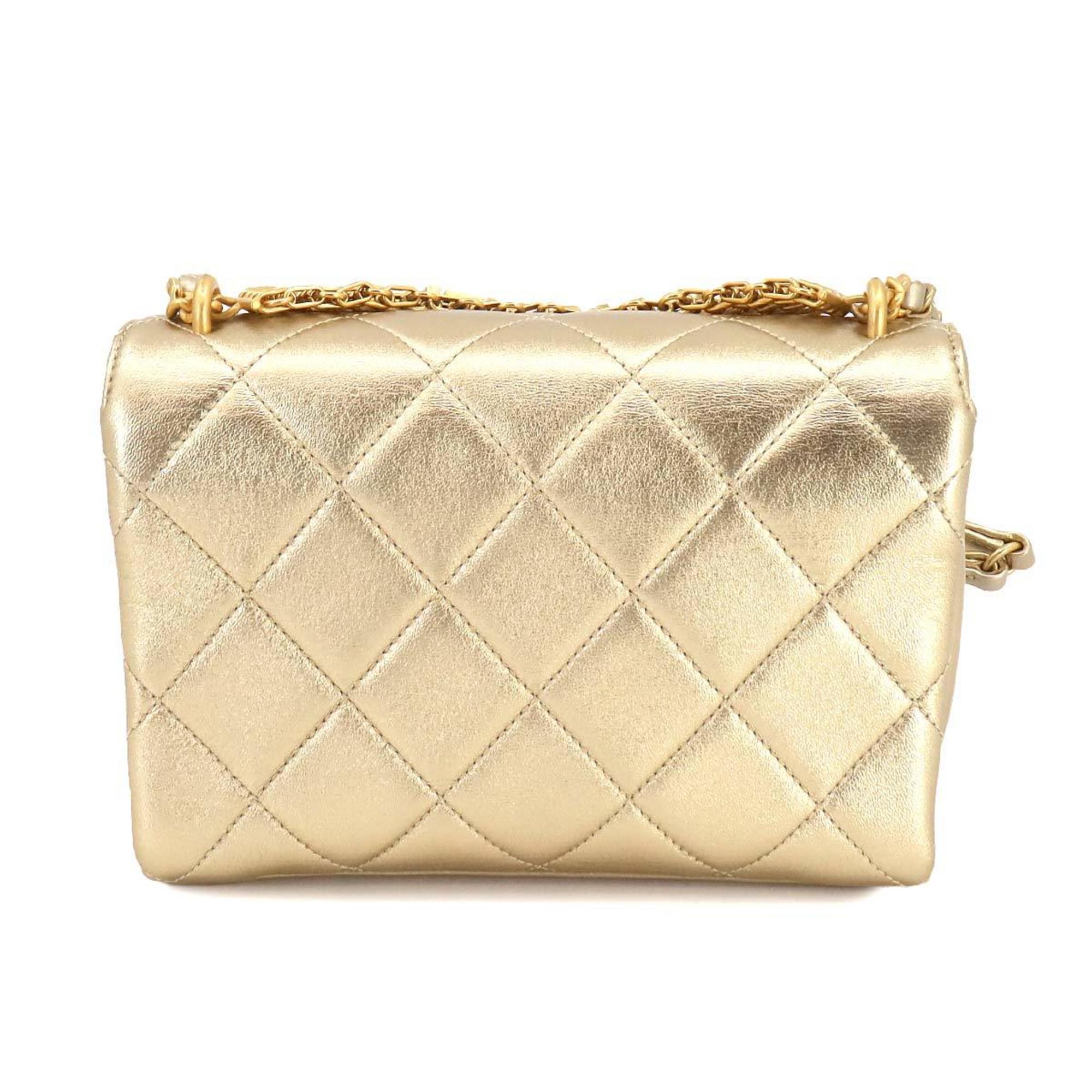 CHANEL Matelasse Flap 2way Chain Hand Shoulder Bag Leather Metallic Gold AS3240 Hardware Mini