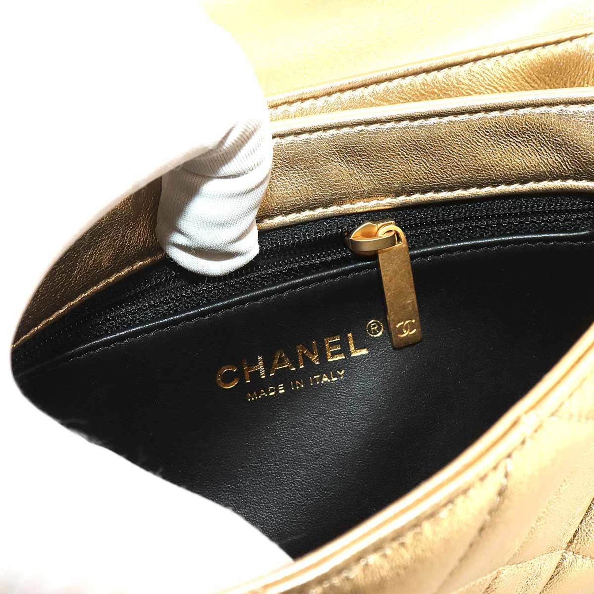 CHANEL Matelasse Flap 2way Chain Hand Shoulder Bag Leather Metallic Gold AS3240 Hardware Mini