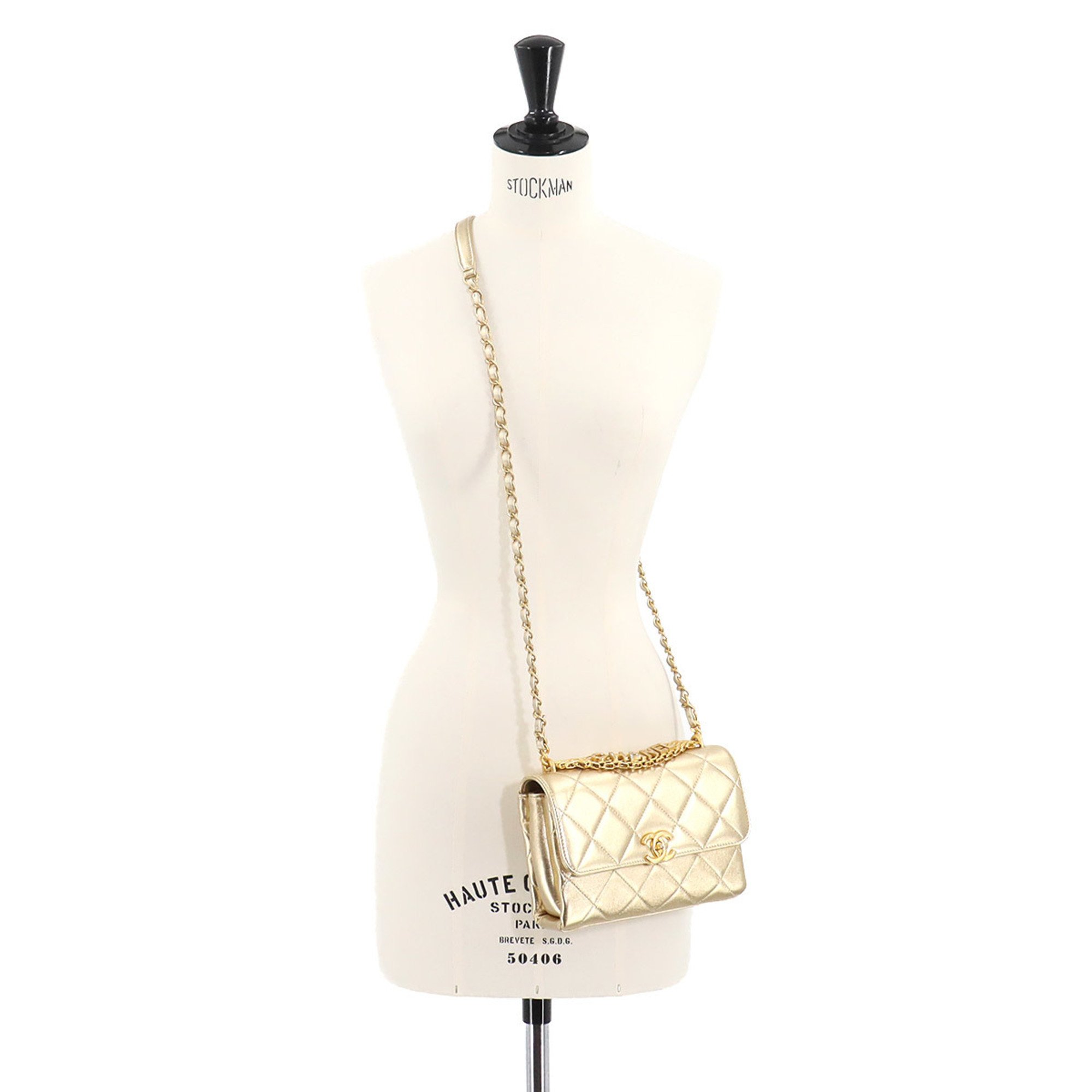 CHANEL Matelasse Flap 2way Chain Hand Shoulder Bag Leather Metallic Gold AS3240 Hardware Mini