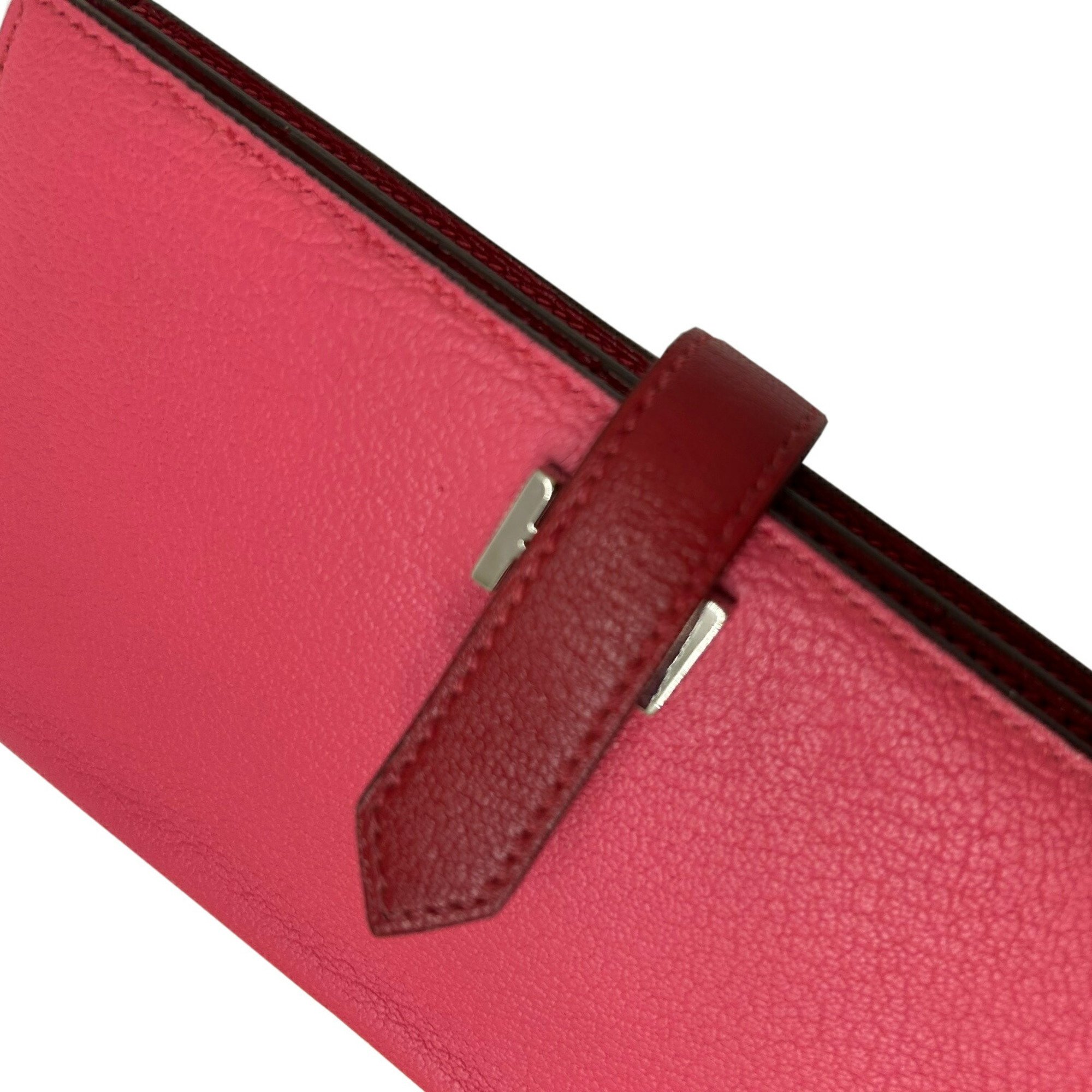 HERMES Hermes Long Wallet Bearn Soufflet Verso Chevre Rose Lipstick Rouge Garance Q□ Engraved 2013 Bicolor Women's Men's