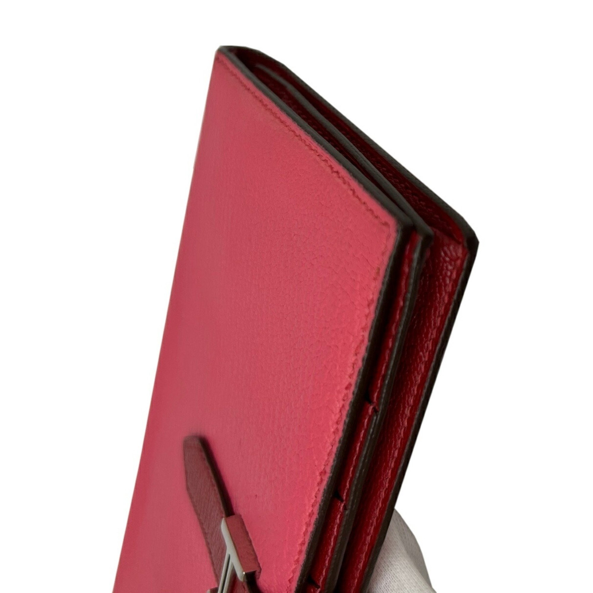 HERMES Hermes Long Wallet Bearn Soufflet Verso Chevre Rose Lipstick Rouge Garance Q□ Engraved 2013 Bicolor Women's Men's