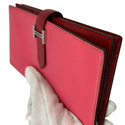 HERMES Hermes Long Wallet Bearn Soufflet Verso Chevre Rose Lipstick Rouge Garance Q□ Engraved 2013 Bicolor Women's Men's