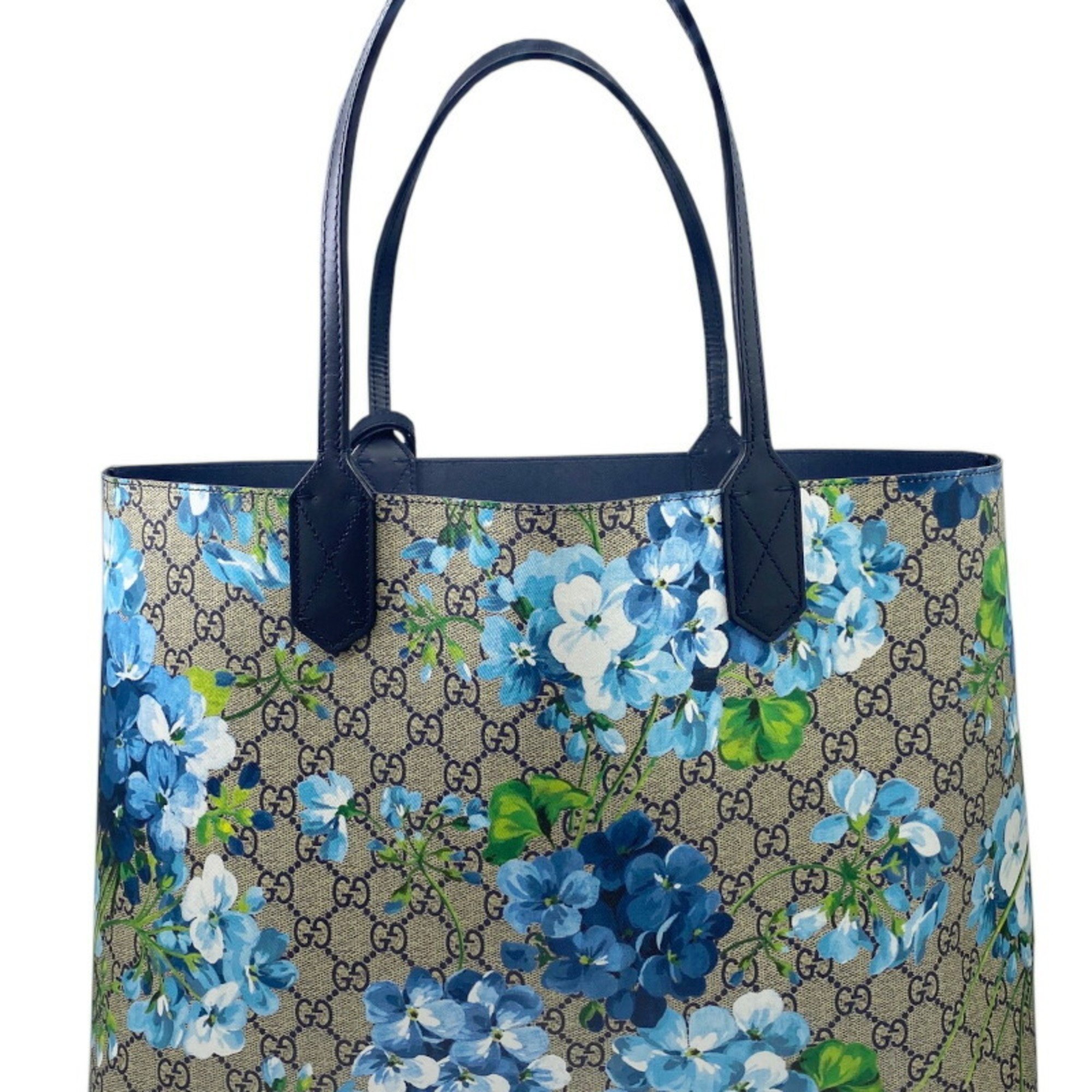 GUCCI GG Blooms Supreme Flower Beige Blue 546323 Reversible Tote Bag Shoulder Coated Canvas