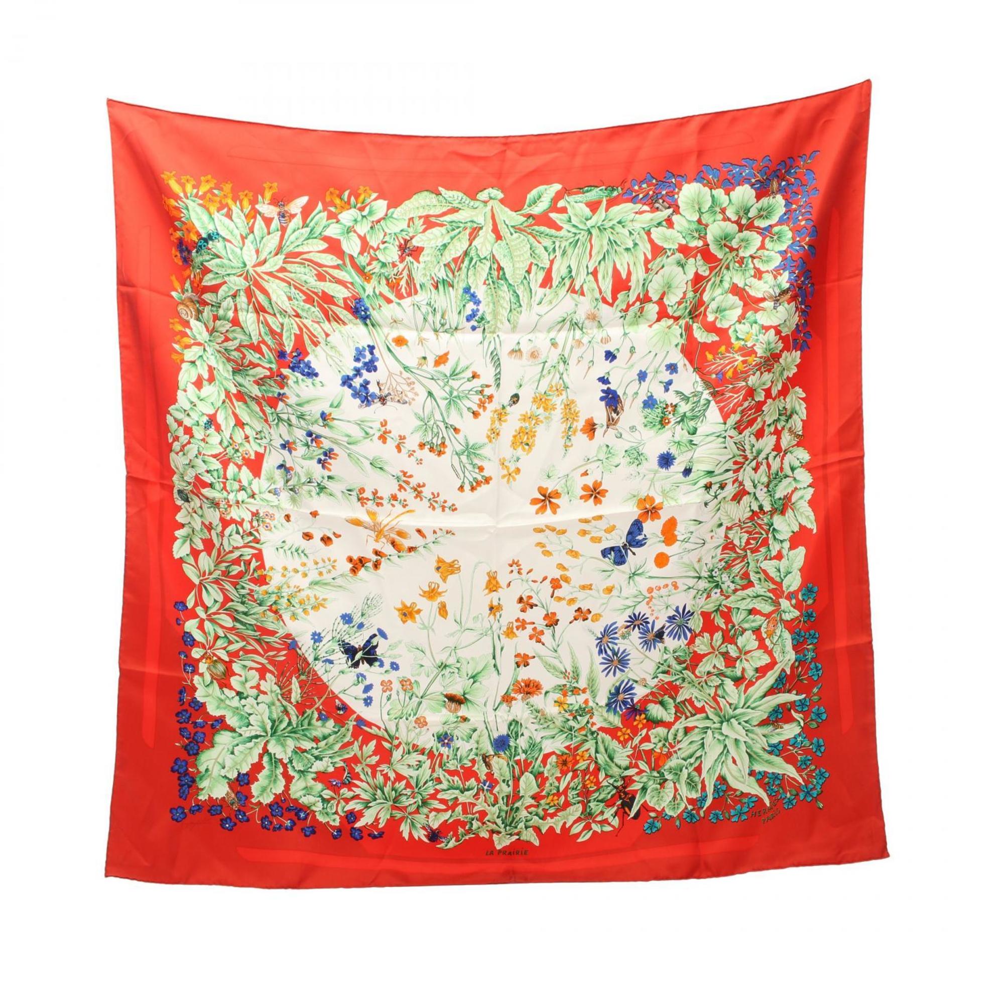 Hermes HERMES Carre 90 LA PRAiRiE Scarf Silk Women's White Red Multicolor