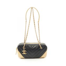 CHANEL V-stitch shoulder bag, lambskin, women's, black, gold, A90807