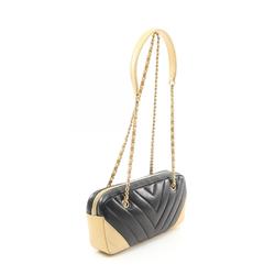 CHANEL V-stitch shoulder bag, lambskin, women's, black, gold, A90807