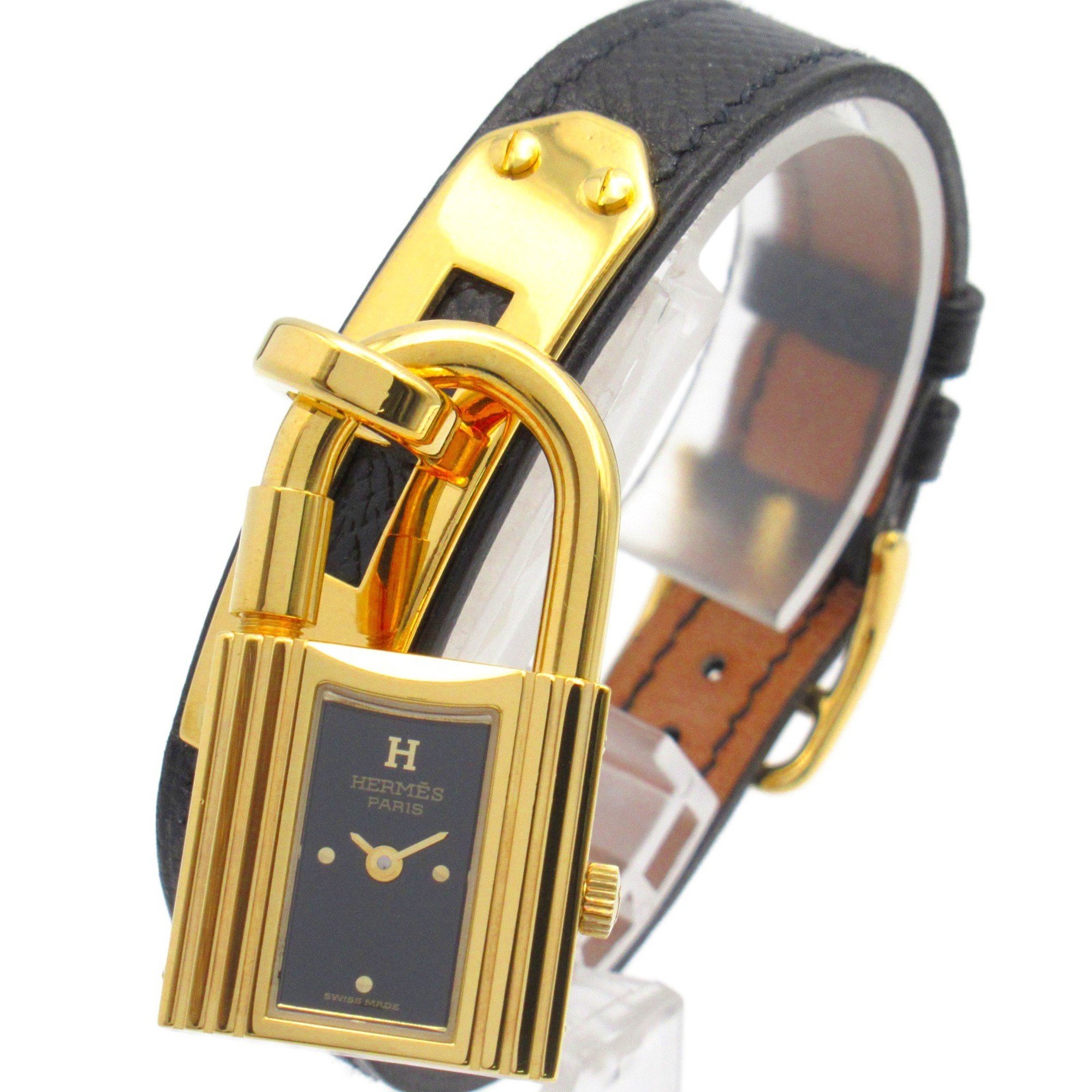 Hermes Kelly Watch, Wristwatch, GP (Gold Plated), Leather Strap, Women's, Black, KE1.201