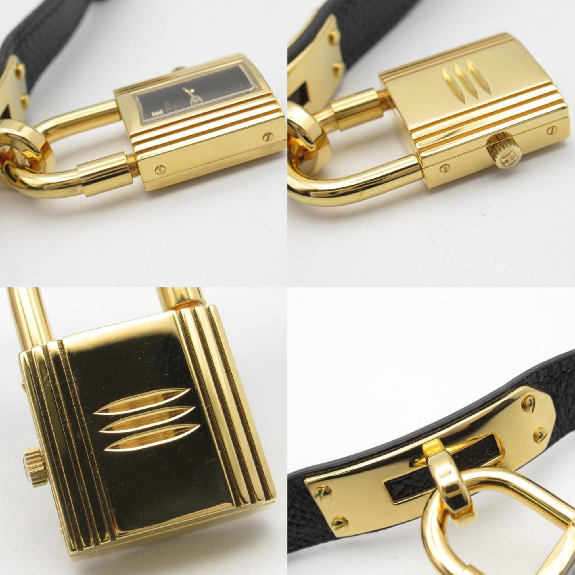 Hermes Kelly Watch, Wristwatch, GP (Gold Plated), Leather Strap, Women's, Black, KE1.201