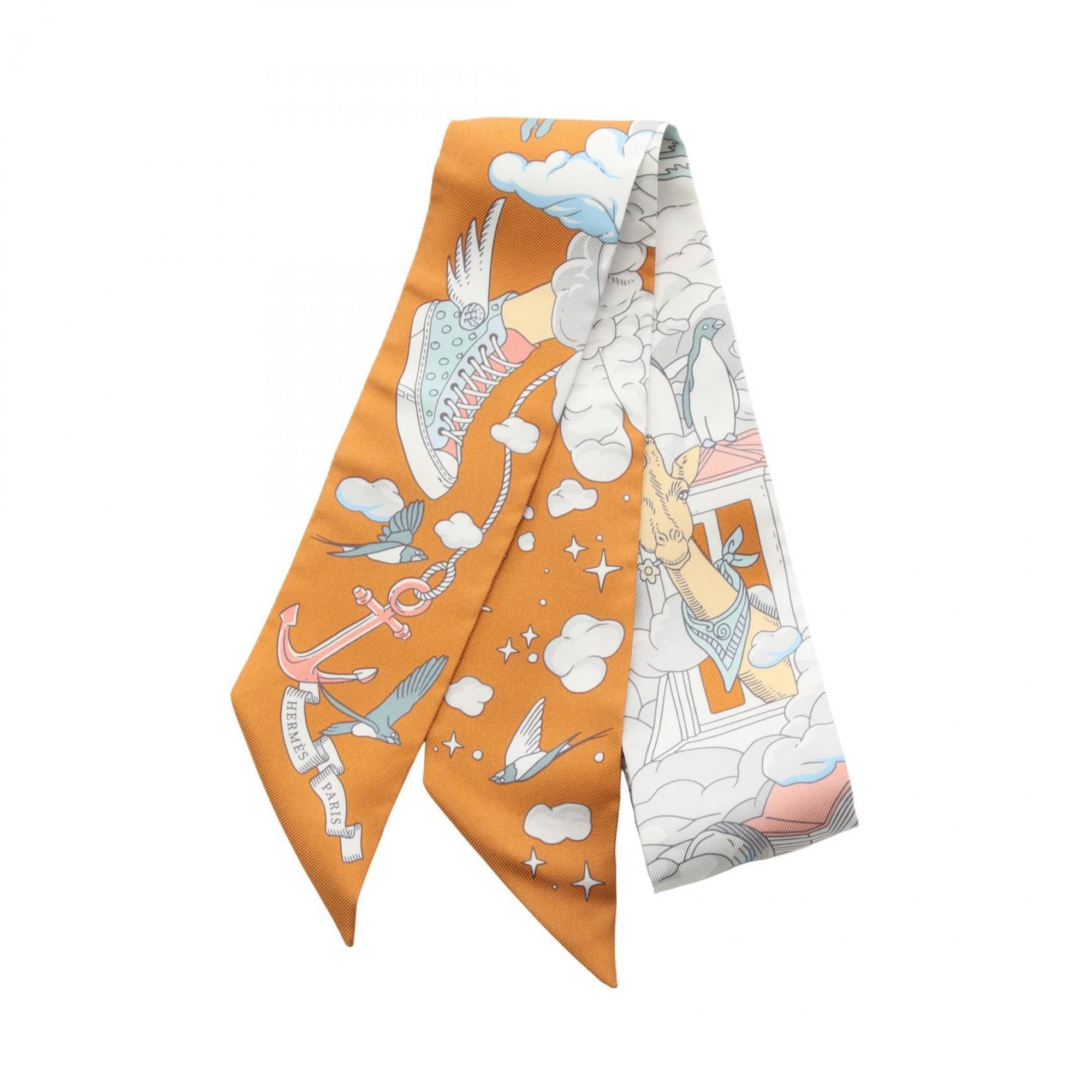 Hermes HERMES Twilly SUR MON NUAGE Scarf Silk Women's Brown Multicolor