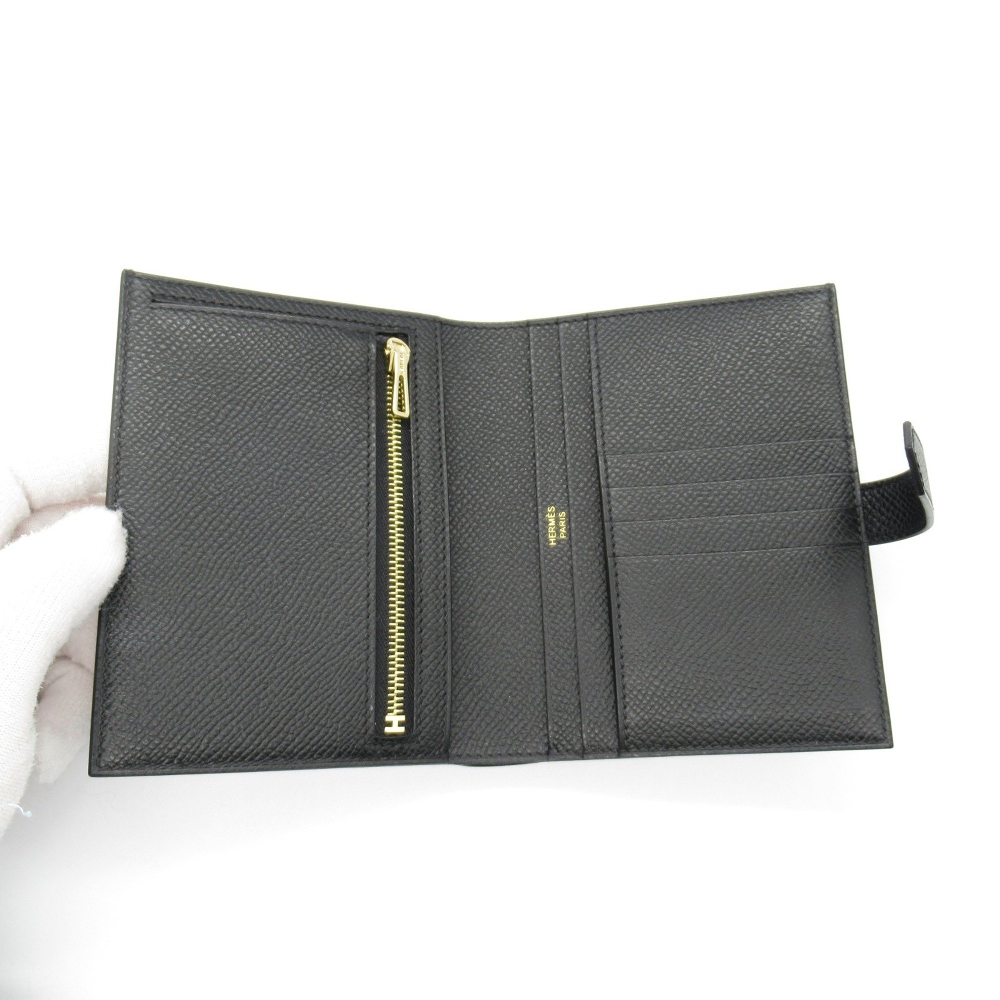 Hermes HERMES Bearn Compact Black Bi-fold Wallet Leather Epsom Women's