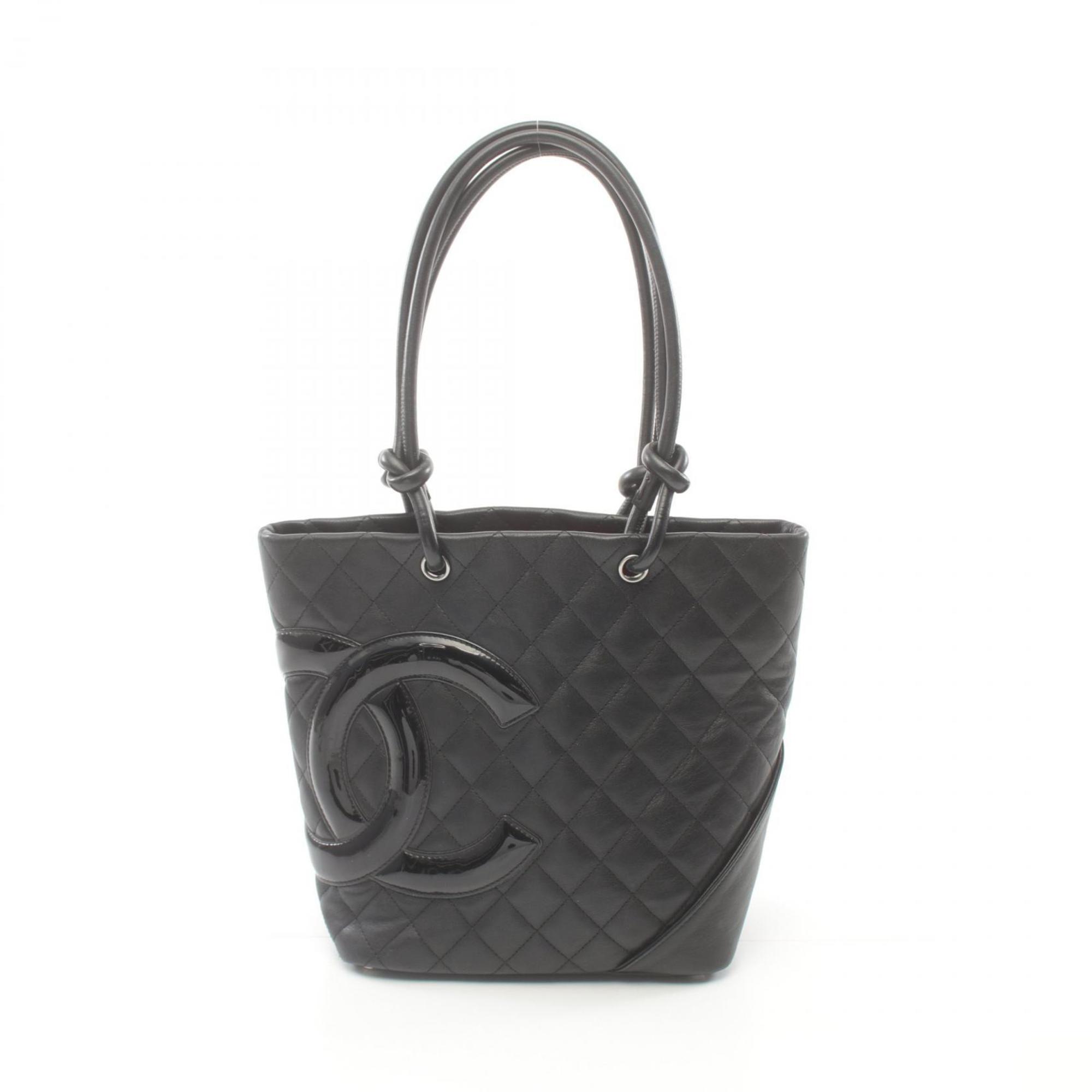 CHANEL Cambon Line Medium Tote Bag Leather Patent Women's Black A25167