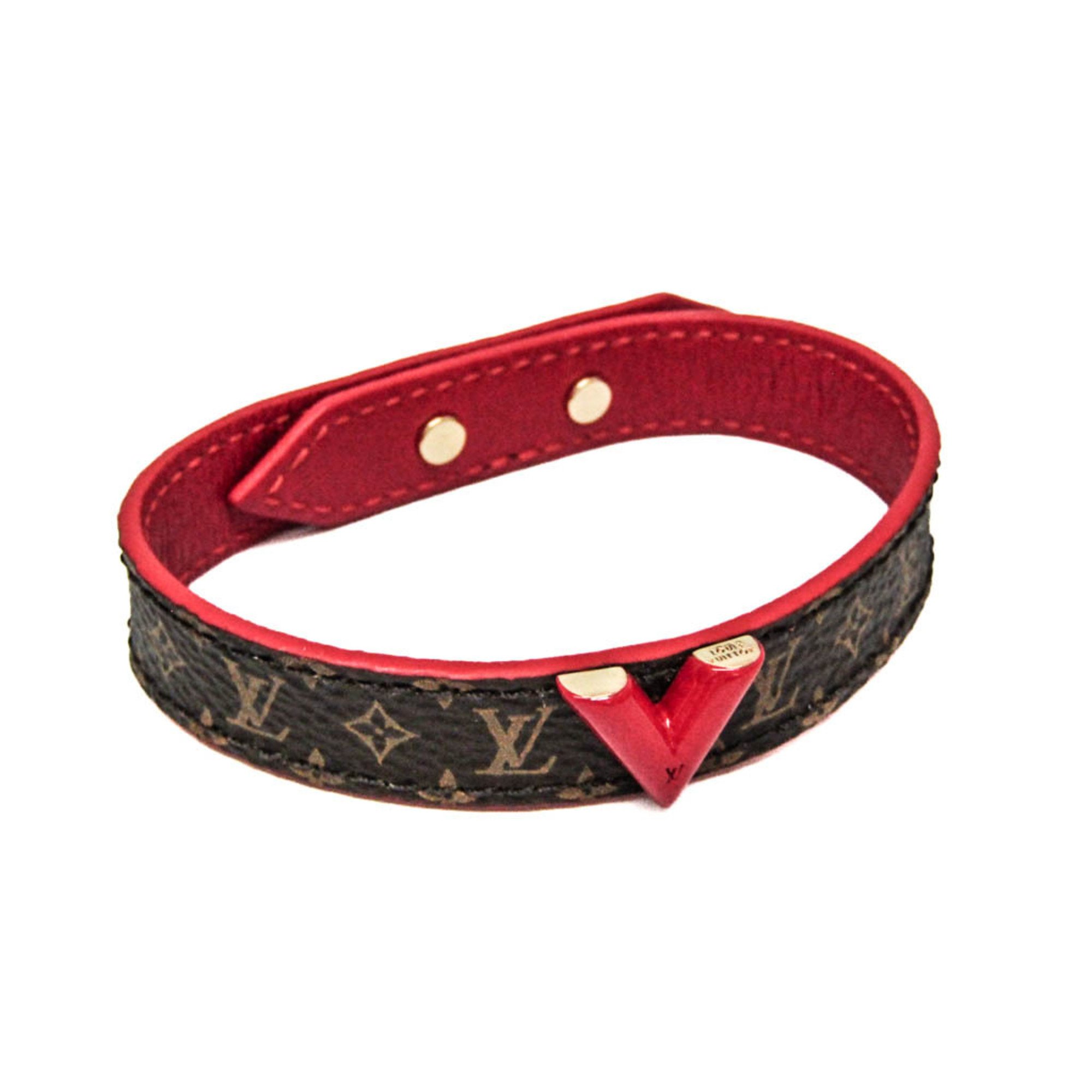 Louis Vuitton Monogram Essential V Bracelet M6343 Leather,Metal,Monogram No Stone Charm Bracelet Brown,Red Color