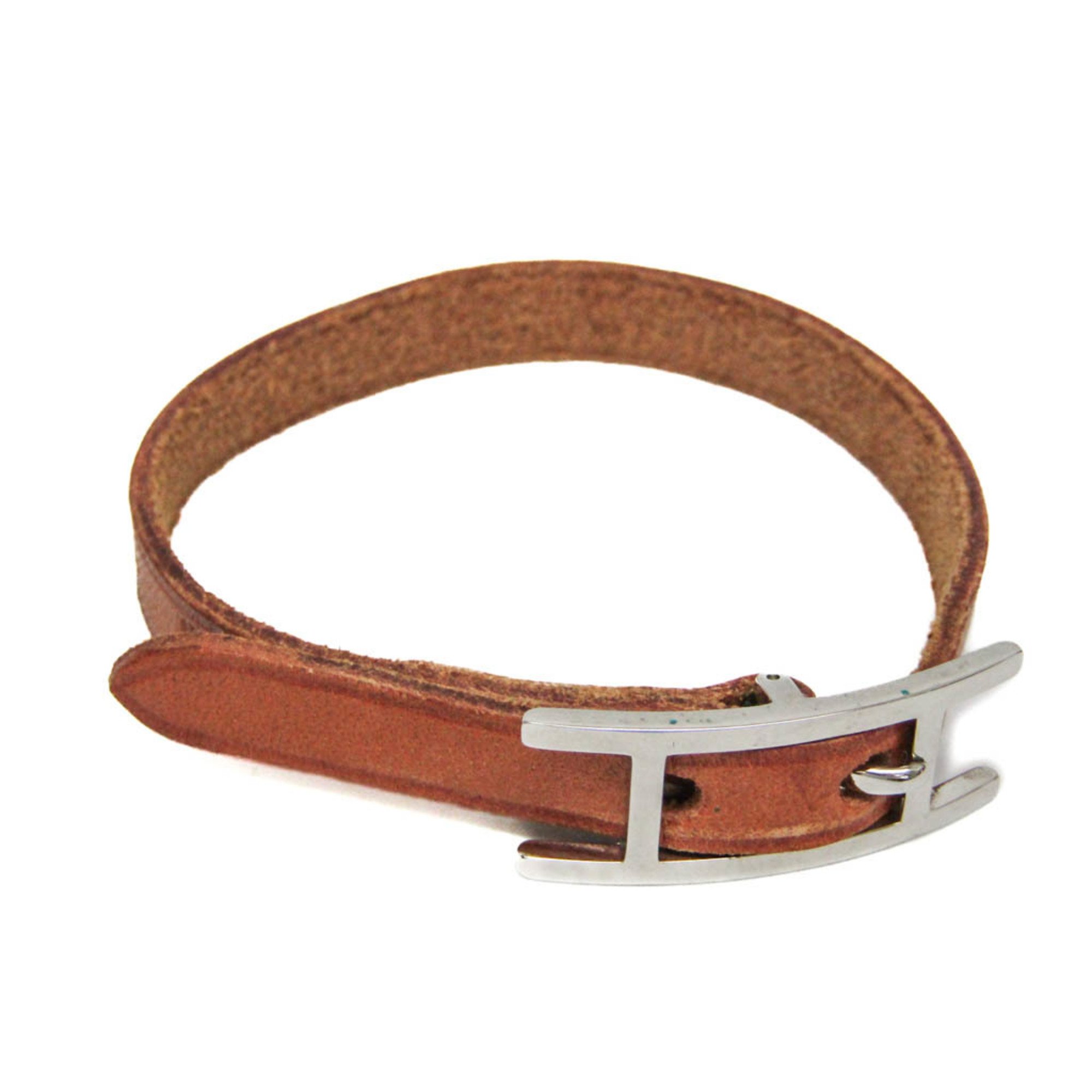 Hermes Api Leather,Metal Bangle Brown,Silver