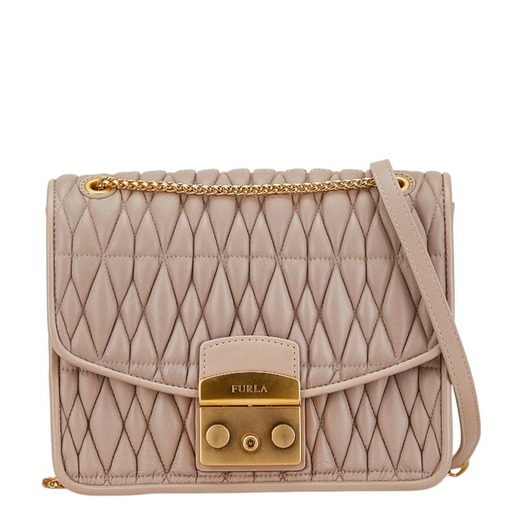 Furla Metropolis Chain Shoulder Bag Pink Beige Leather Women's