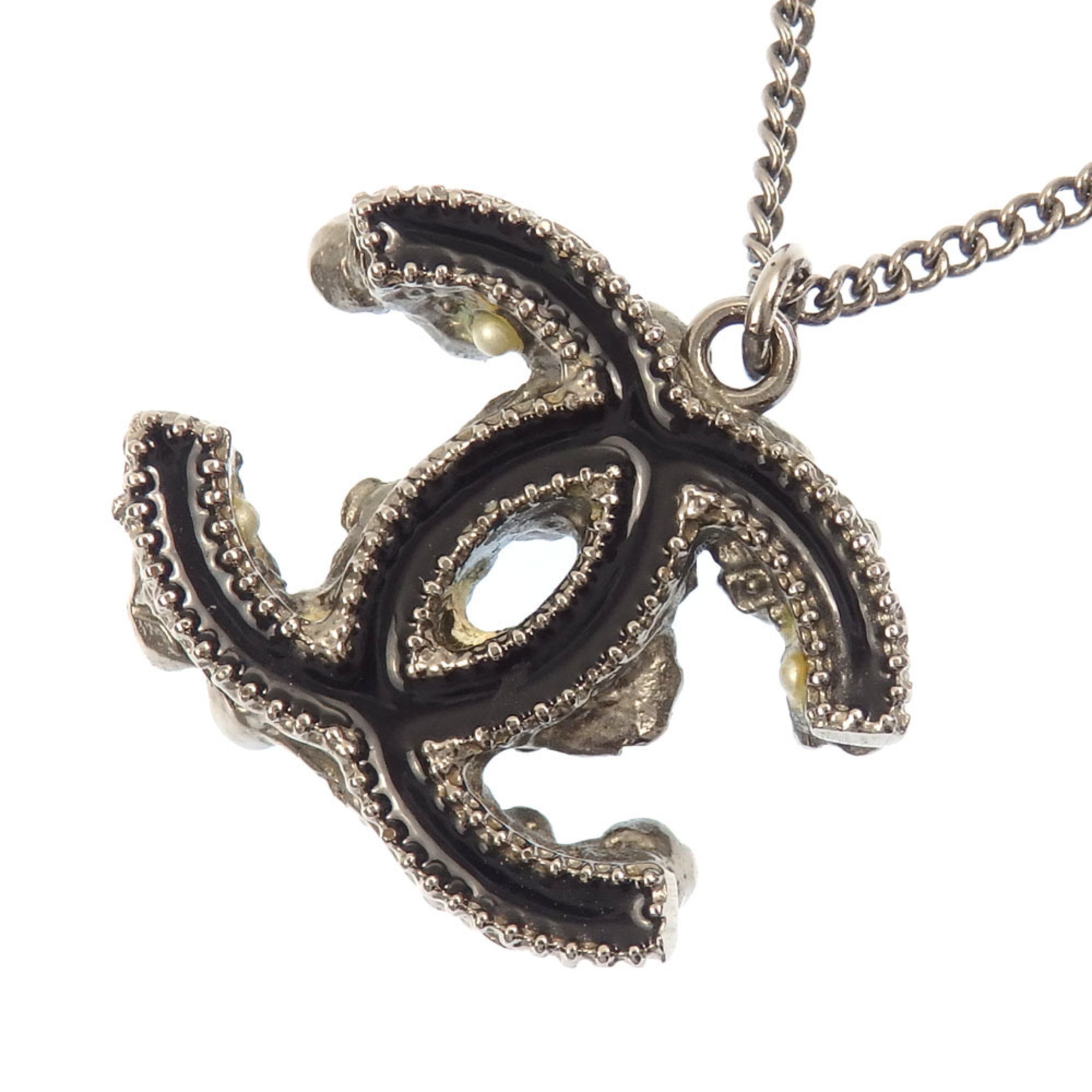 Chanel Coco Mark Necklace for Women, Rhinestone, Metal, Silver, Black, Reversible, B11A