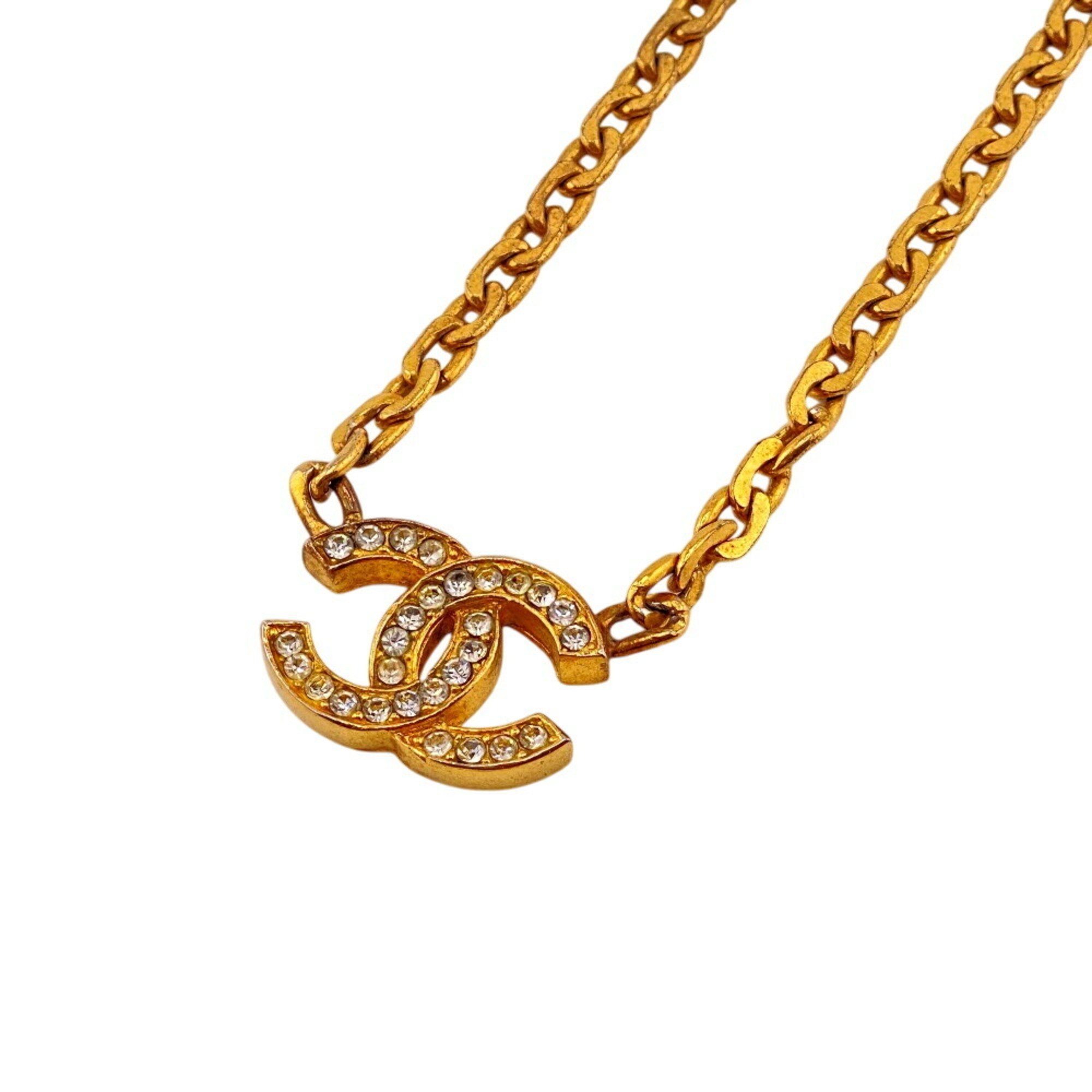 CHANEL Coco Mark 3312 Rhinestone Necklace Gold Unisex