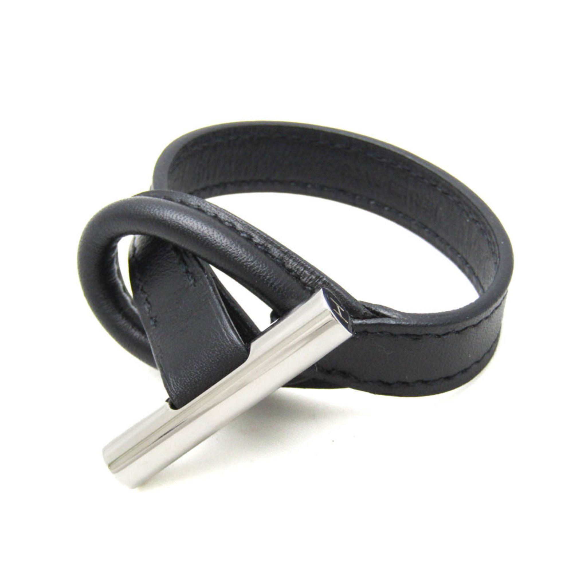 Hermes Leather,Metal Bangle Black,Silver