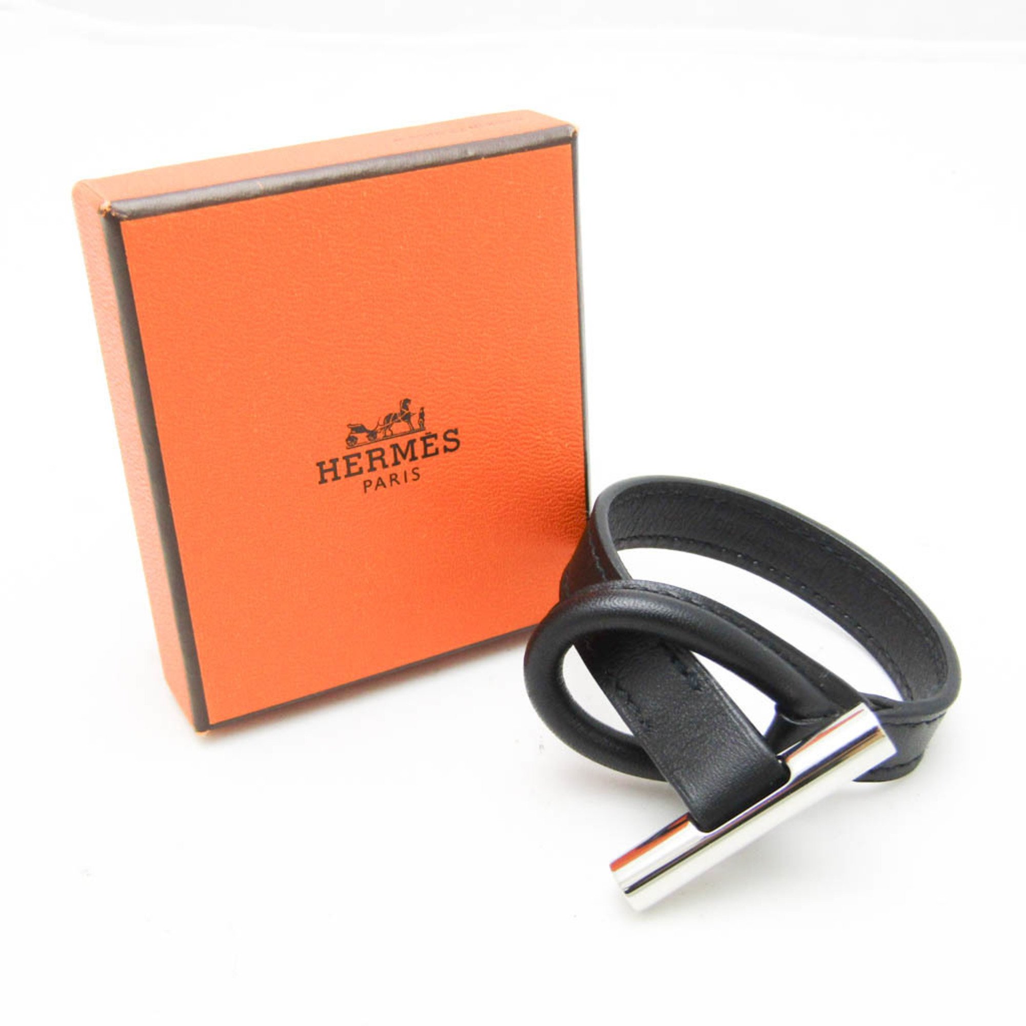 Hermes Leather,Metal Bangle Black,Silver