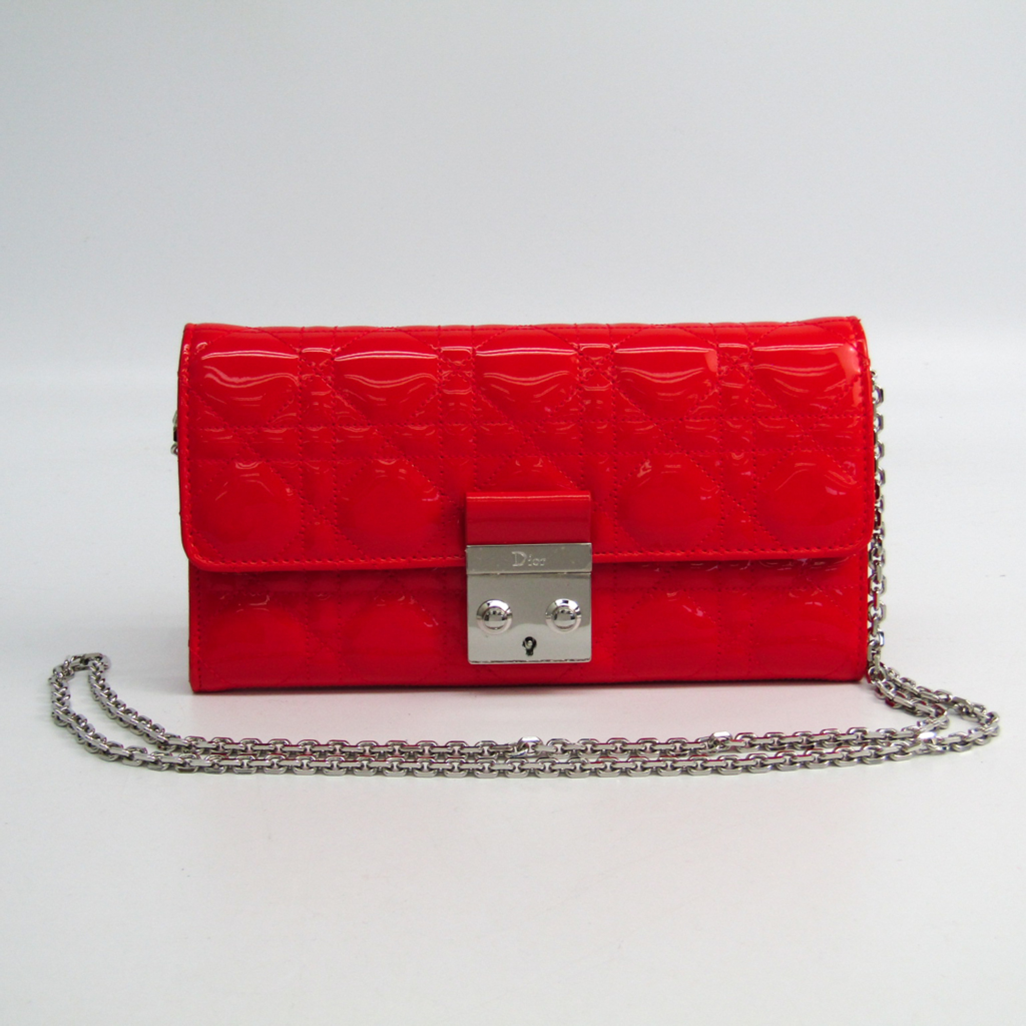 Christian Dior Canage/New Rock Women's Patent Leather Chain/Shoulder Wallet Coral Red