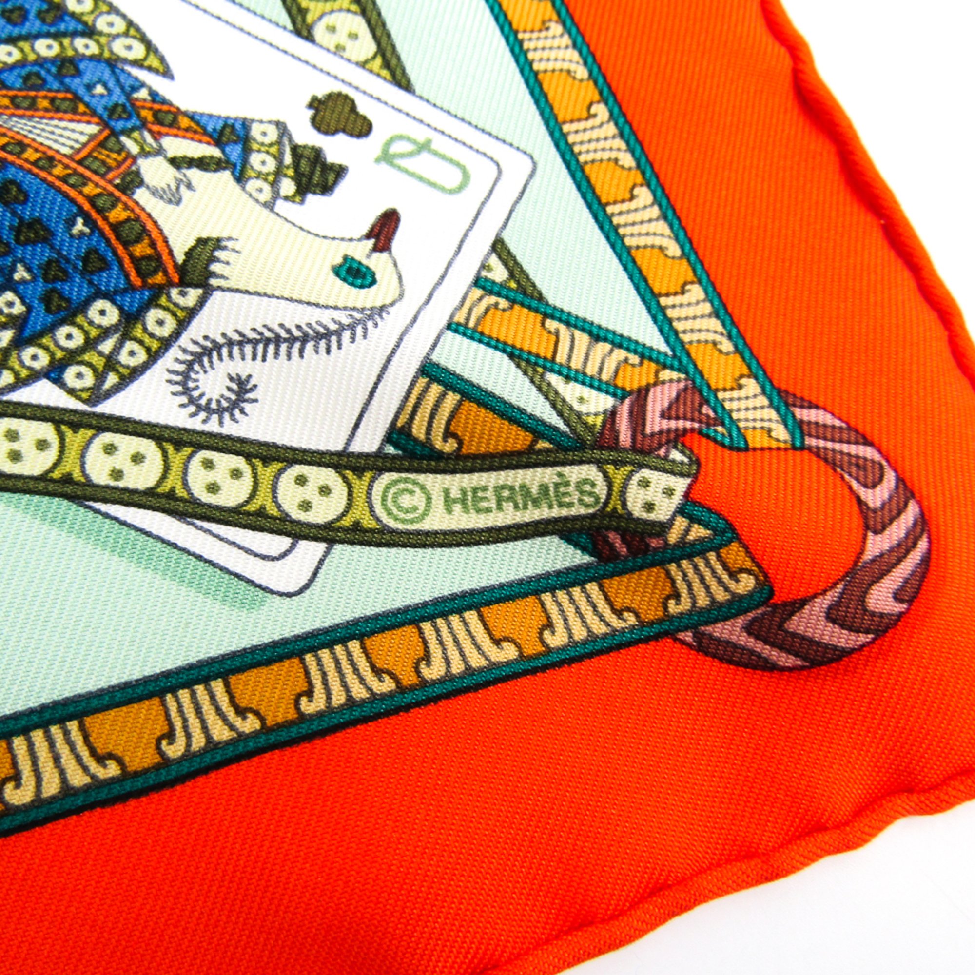 Hermes Carre 40 "DAME DE COEUR A VOUS L’HONNEUR!" Women's Silk Scarf Green,Orange