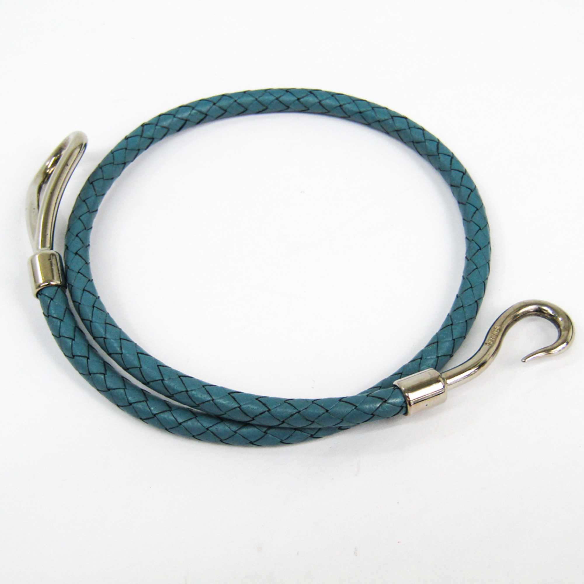 Hermes Jumbo Woven Leather,Metal Women's Casual Choker Necklace (Blue Jean,Silver)