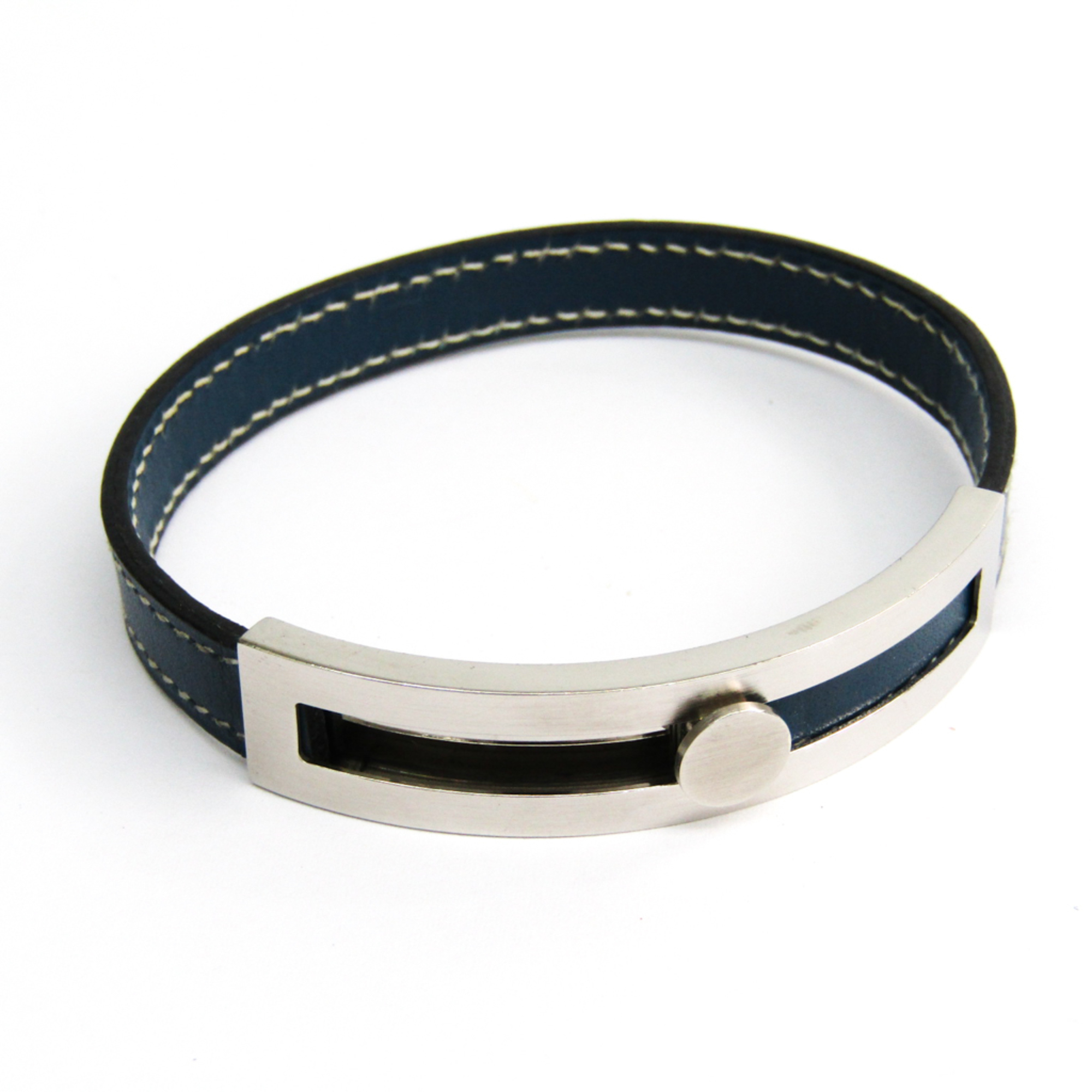 Hermes Pousse Pousse Box Calf Leather Bangle Blue,Silver