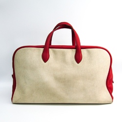 Hermes Victoria 50 Unisex Leather Boston Bag Beige,Red