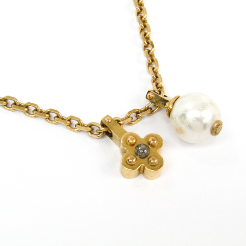 Auth Louis Vuitton Monogram Flower Charmy Pearl Chain Bracelet