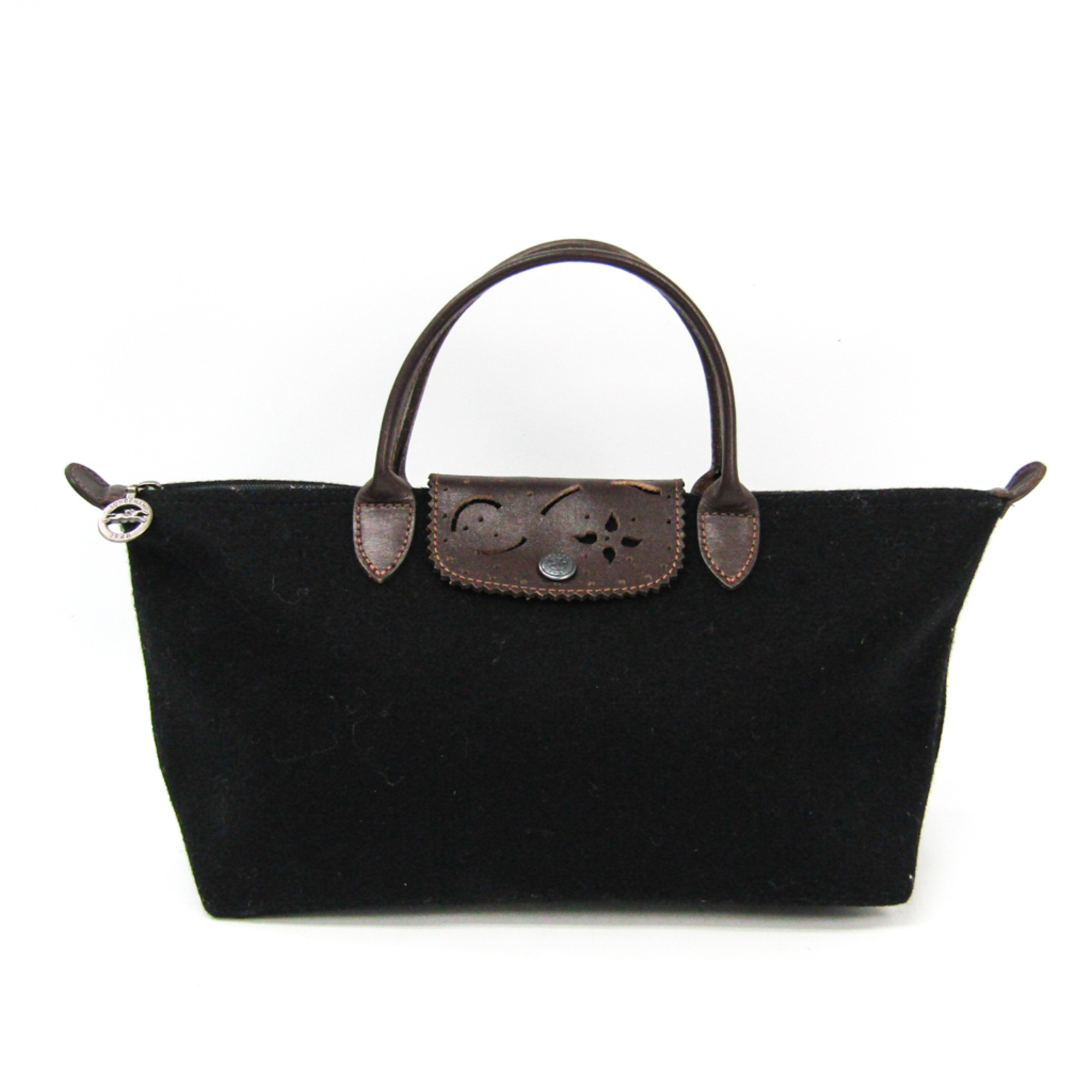 Longchamp Cut Work Women's Leather,Wool Handbag Black,Dark Brown