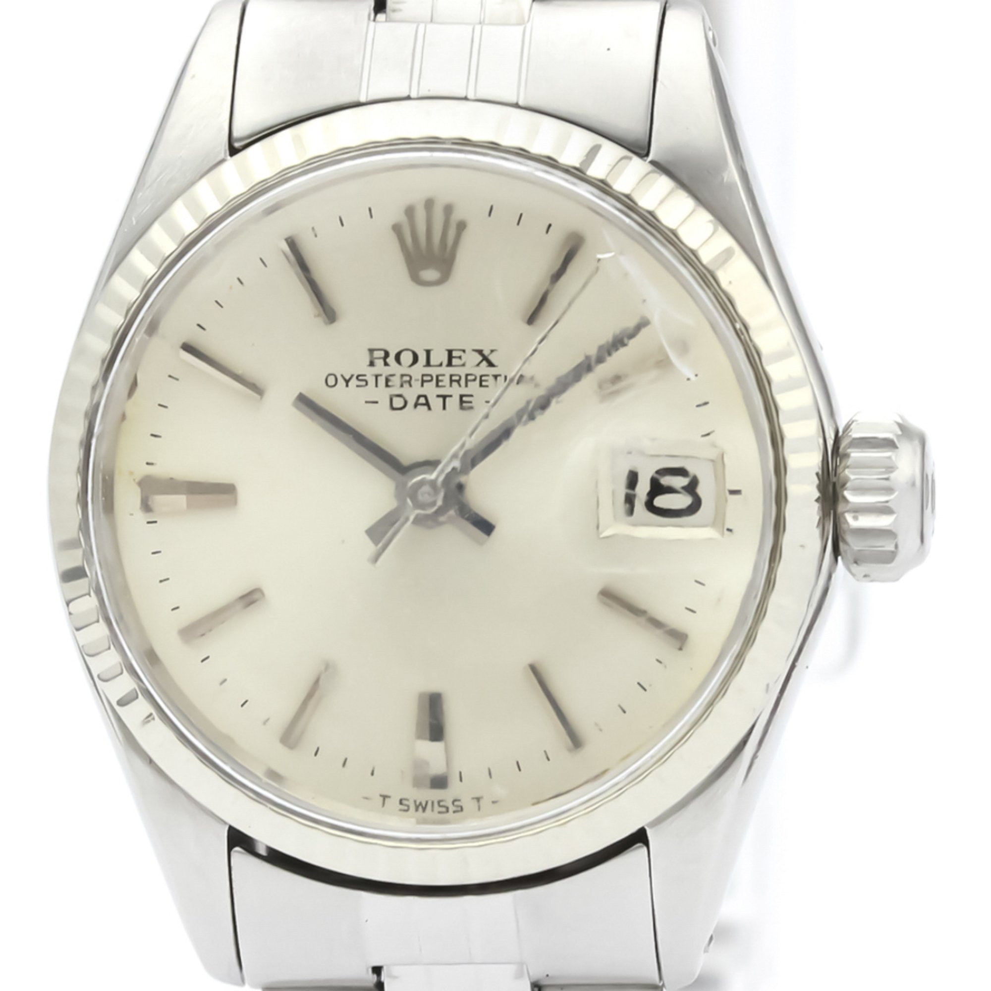 Vintage ROLEX Oyster Perpetual Date 6517 White Gold Steel Ladies Watch BF510684