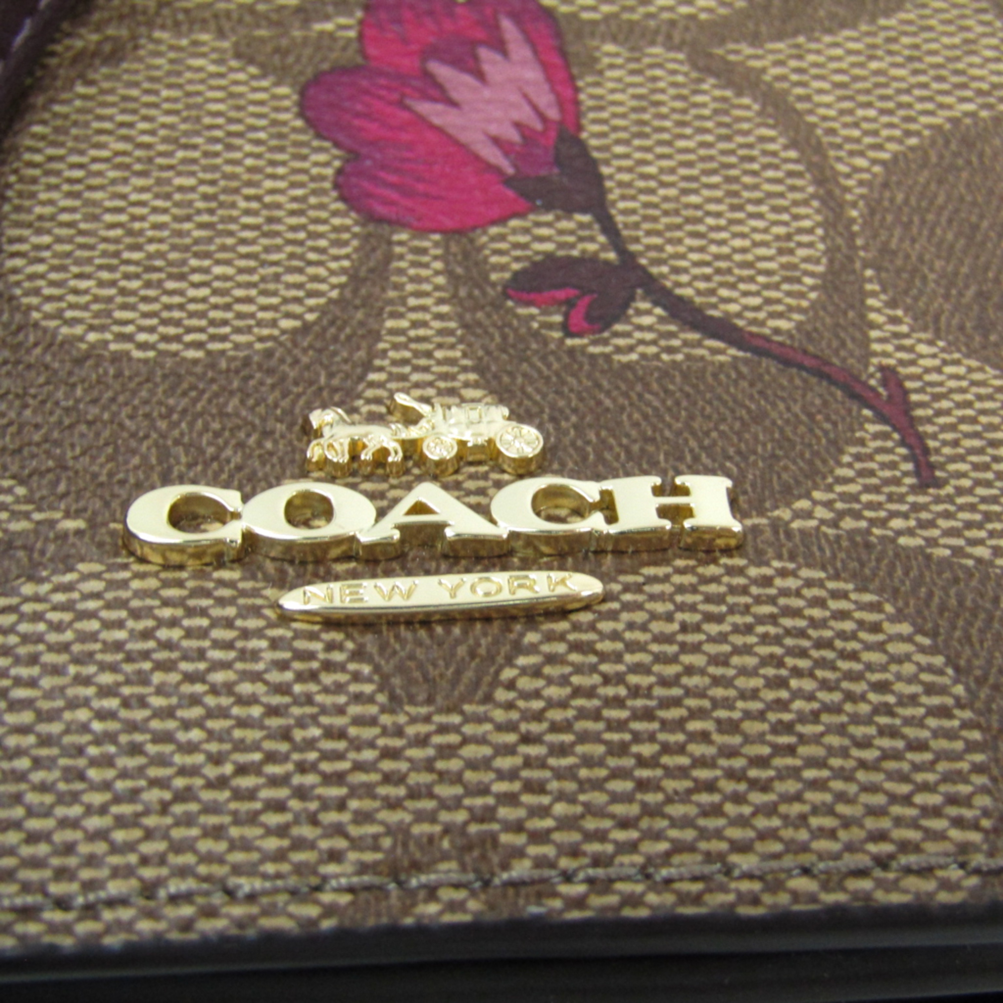 Coach Signature Victorian Floral F87765 Women's Coated Canvas,Leather Shoulder Bag Berry,Khaki Brown,Multi-color
