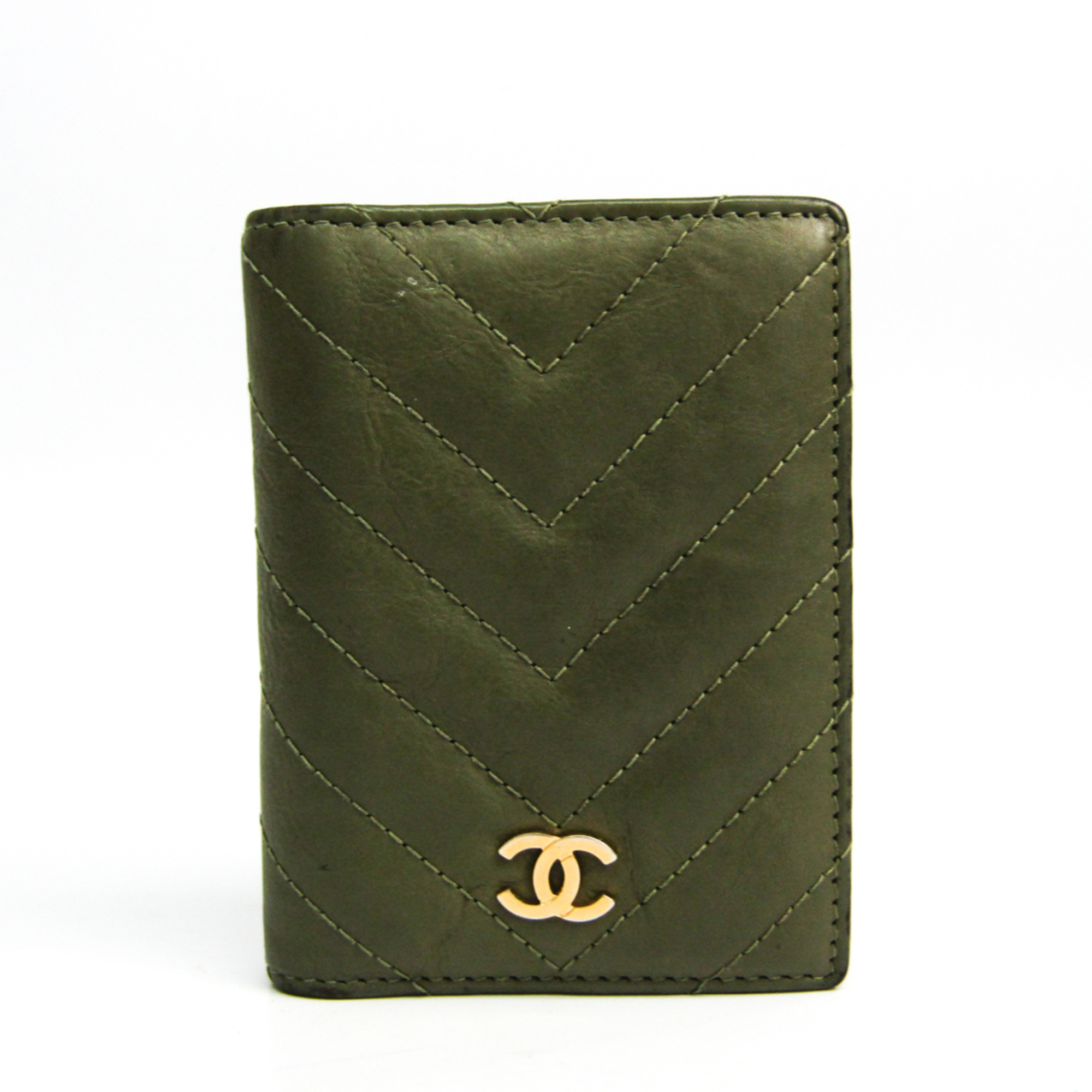 Chanel V Stitch Leather Business Card Case Dark Green