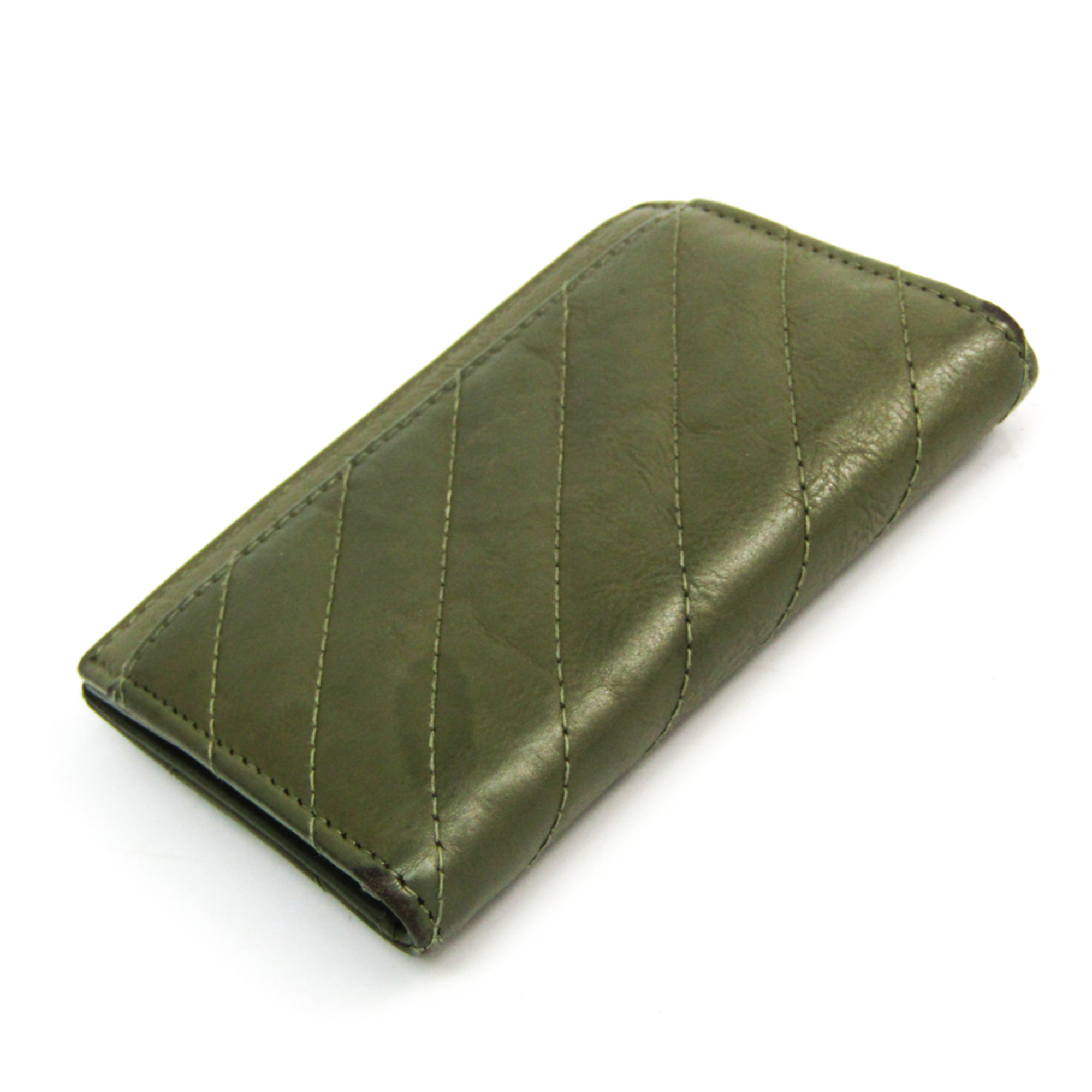 Chanel V Stitch Leather Business Card Case Dark Green