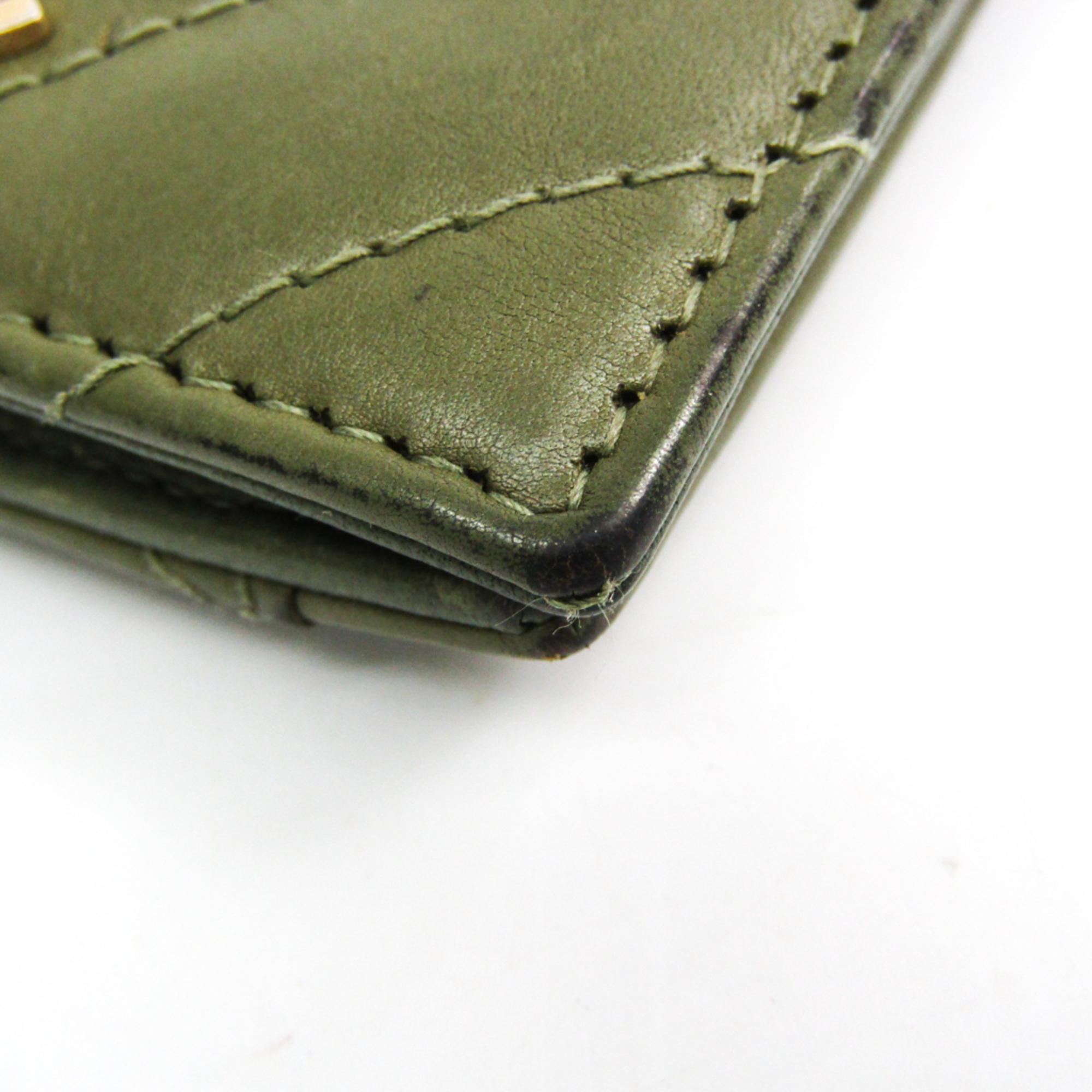 Chanel V Stitch Leather Business Card Case Dark Green