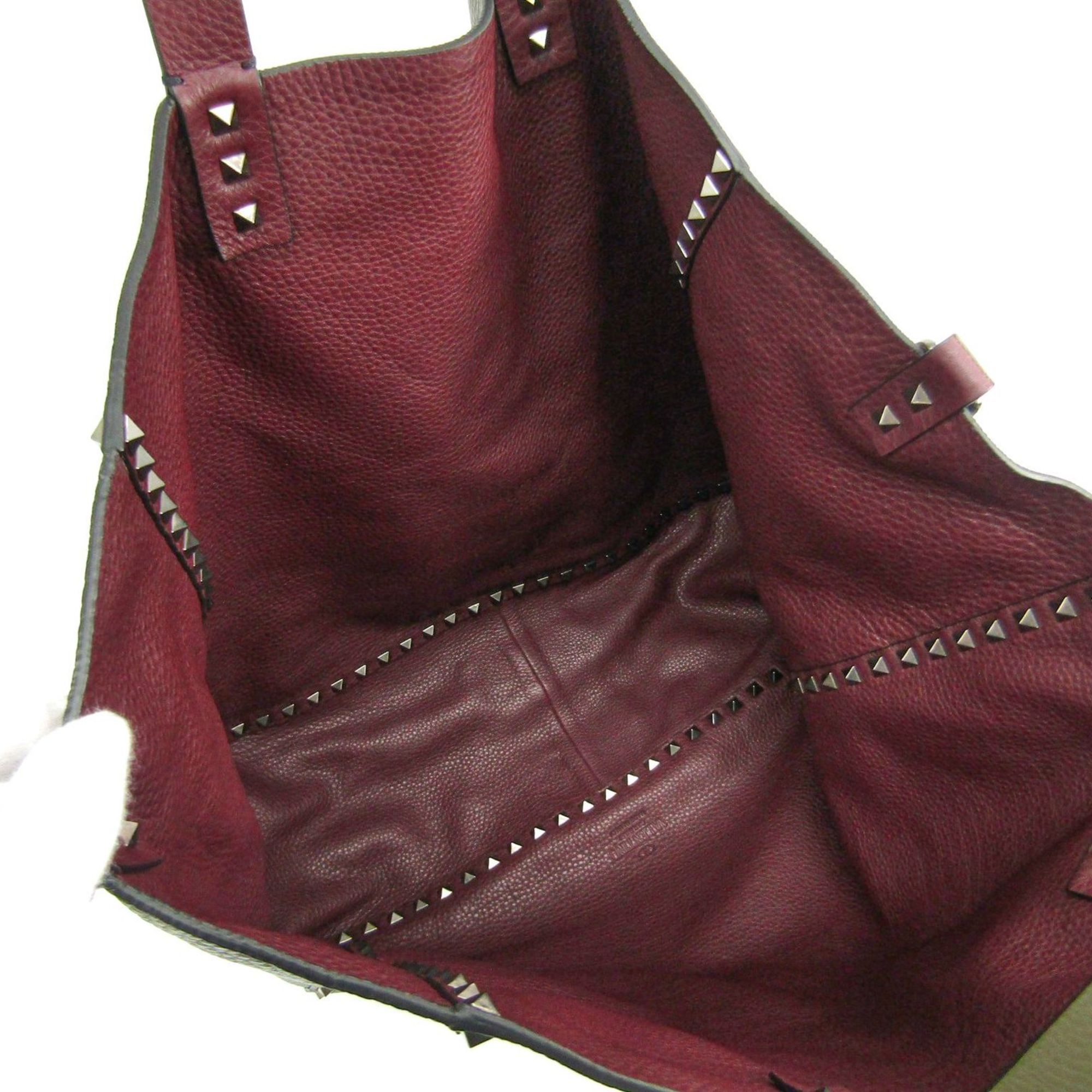 VALENTINO Rockstuds Reversible Tote Bag Leather Khaki/Bordeaux
