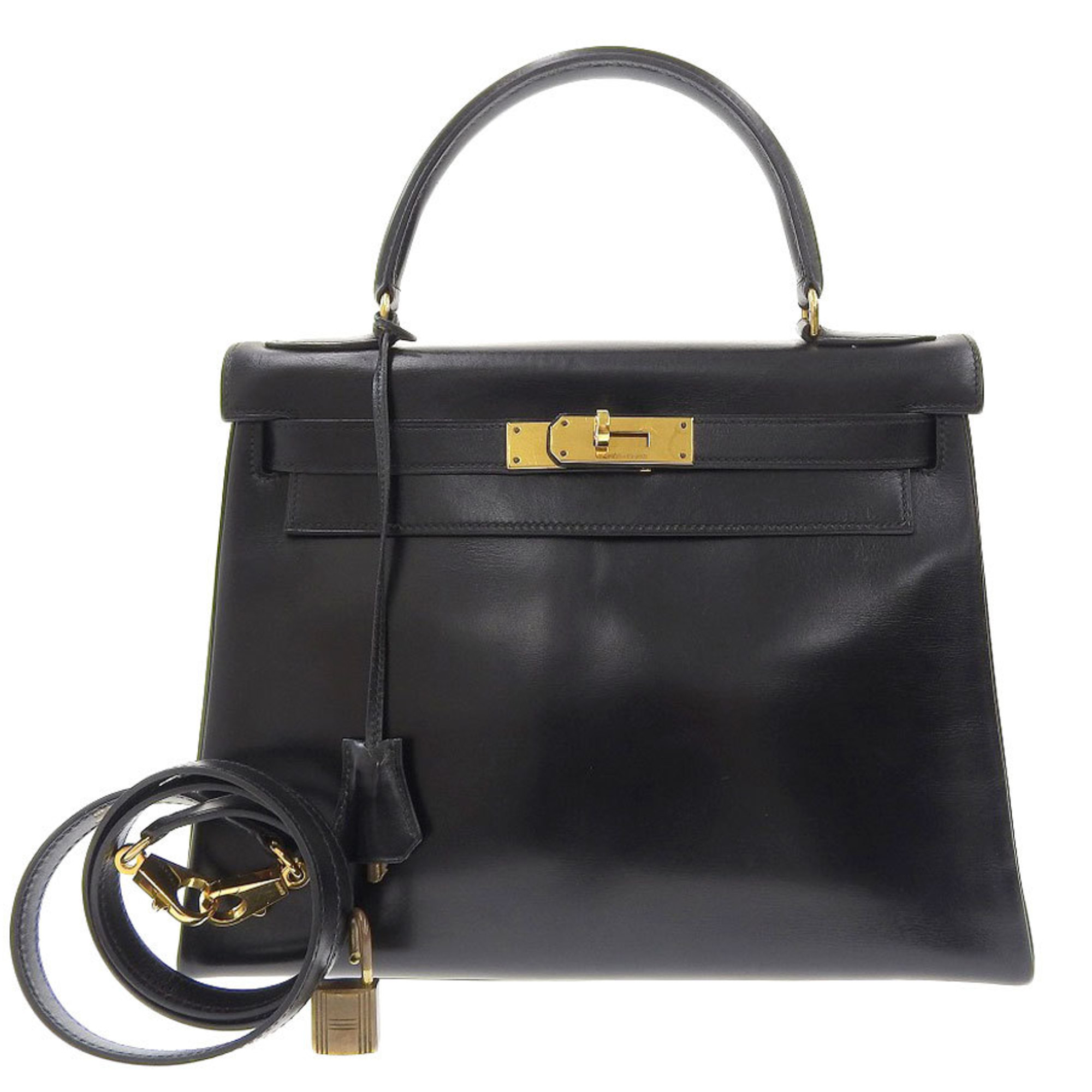 HERMES Hermes Kelly 28 Box Calf Noir 2way Handbag Shoulder Leather Black 