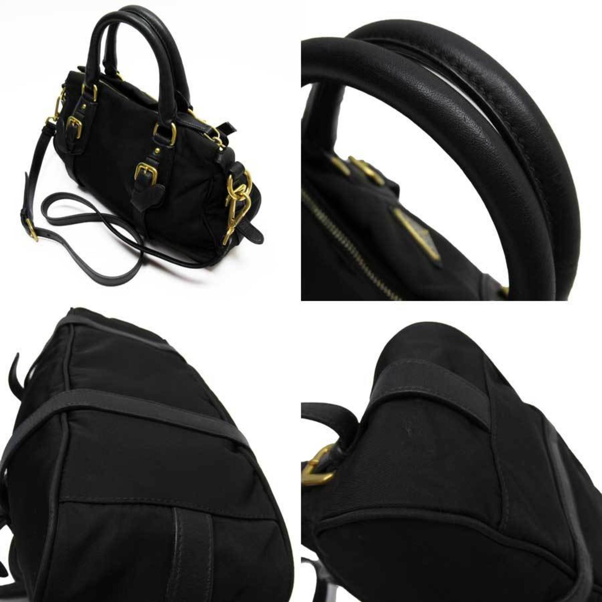 Prada handbag shoulder bag triangle logo NERO gold nylon leather ladies 