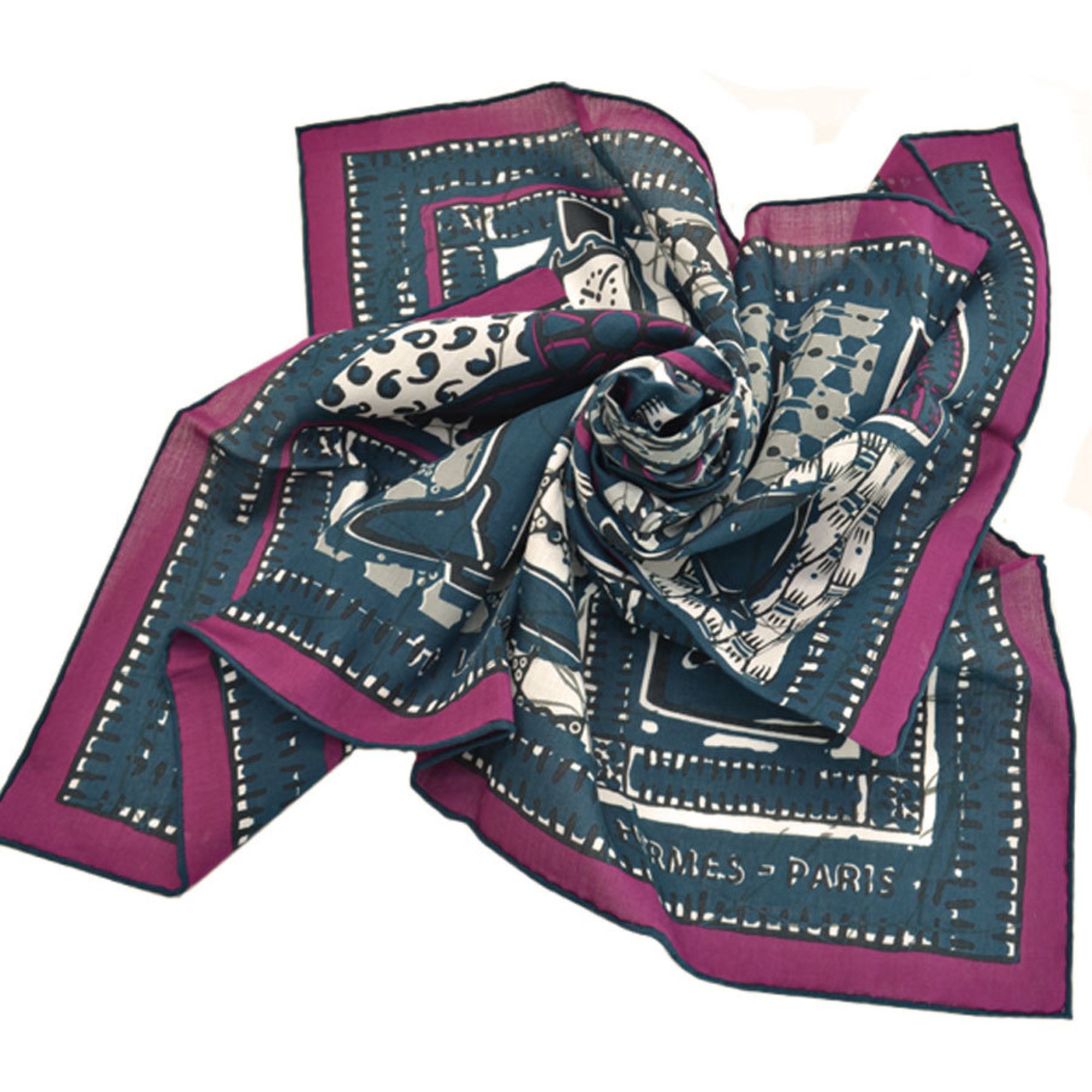 Hermes HERMES handkerchief navy Bordeaux white 100% cotton scarf ladies r7624