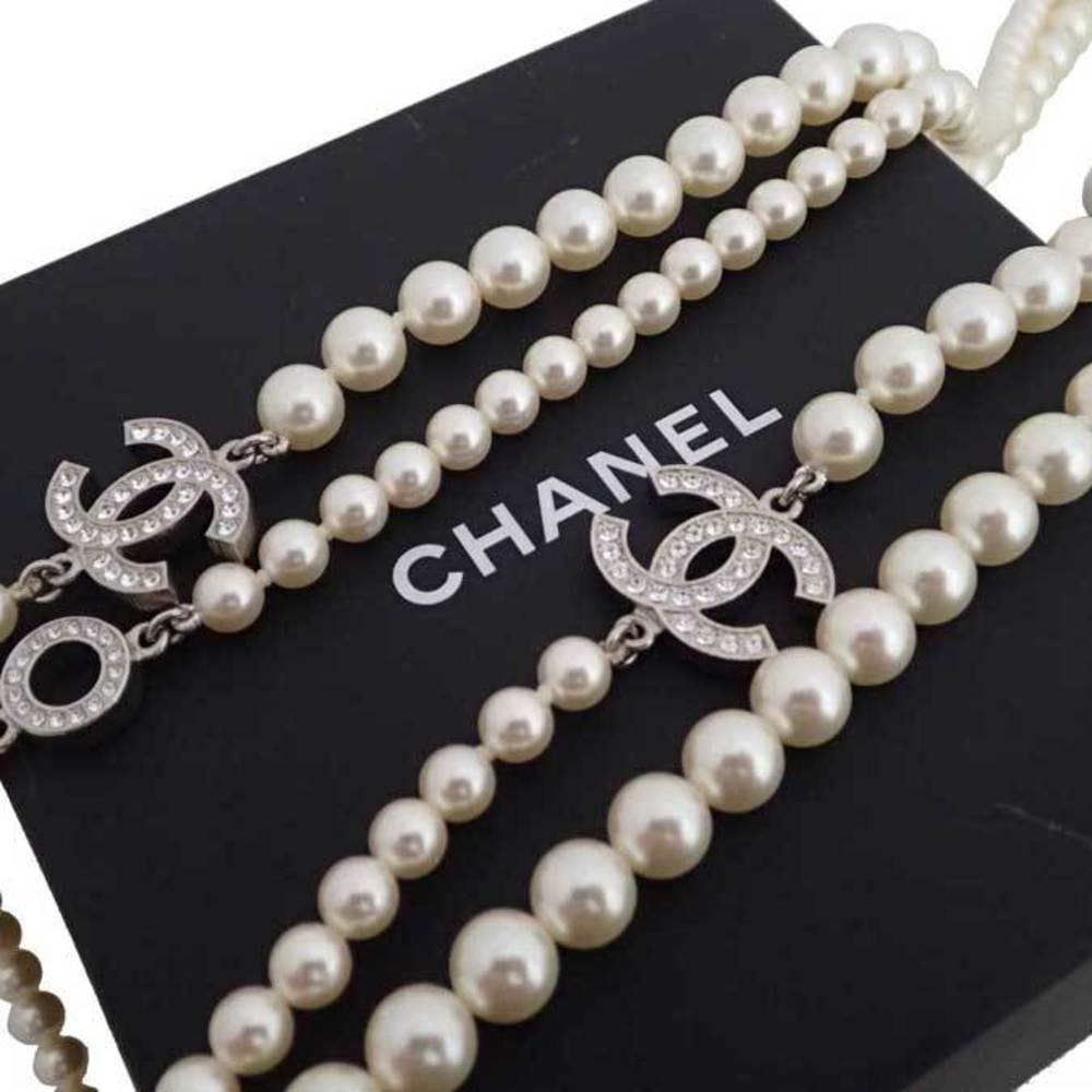 Chanel Necklace Cocomark White Silver Faux Pearl Rhinestone Long