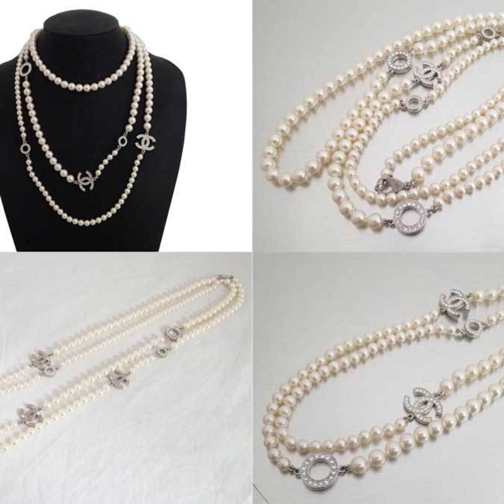 Chanel Necklace Cocomark White Silver Faux Pearl Rhinestone Long Ladies