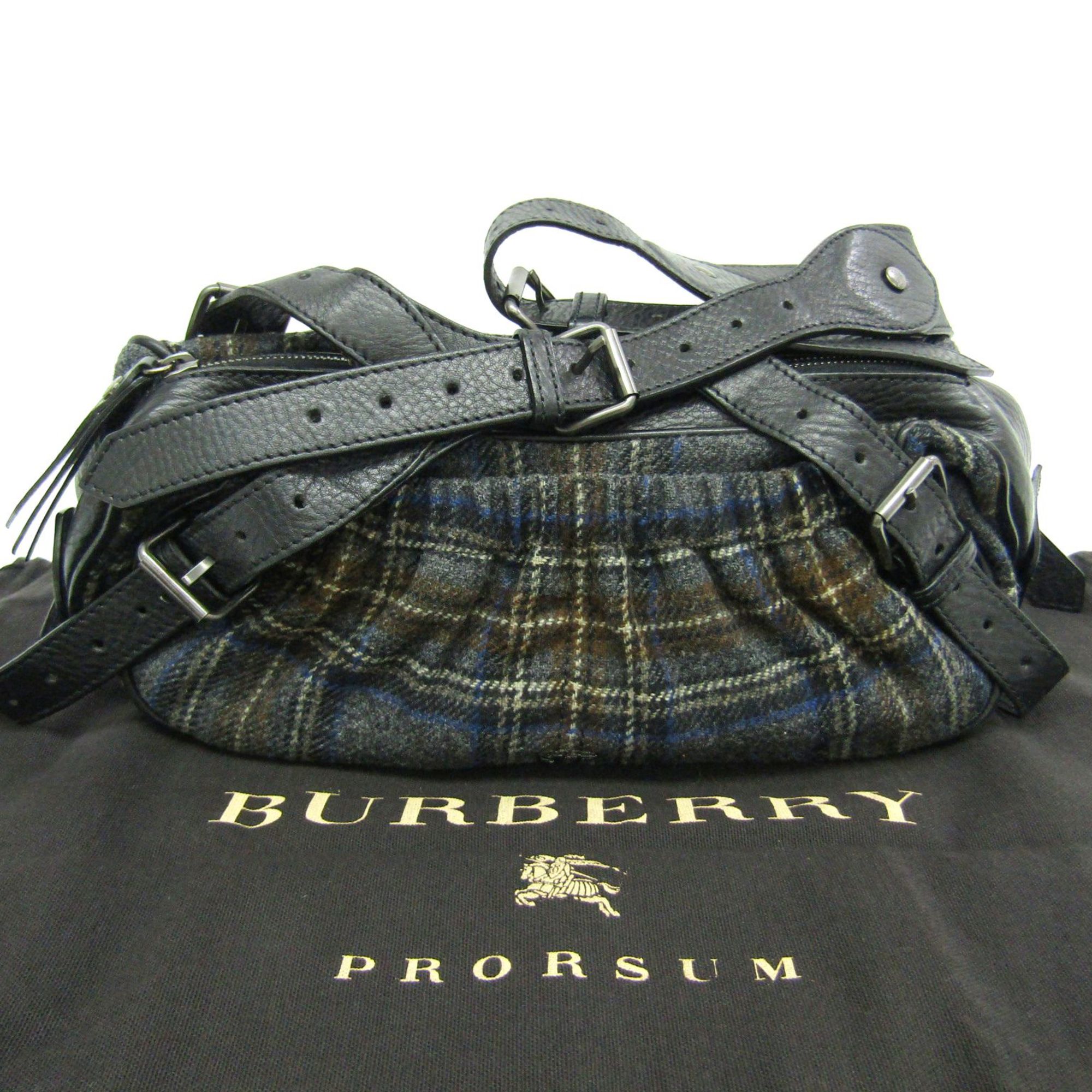 Burberry Shoulder Bag Wool/Leather Black/Brown/Blue