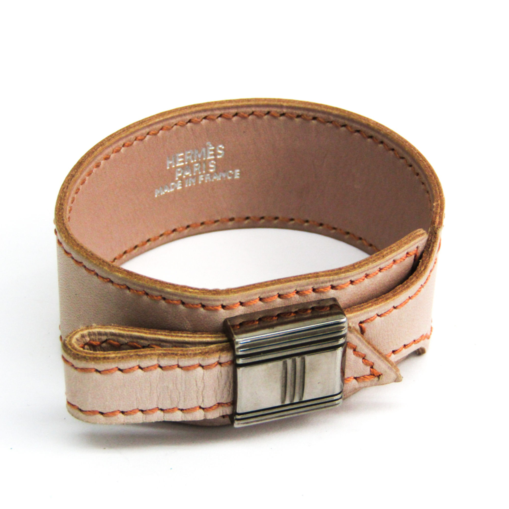 Hermes Artemis Leather,Metal Bracelet Light Pink,Silver