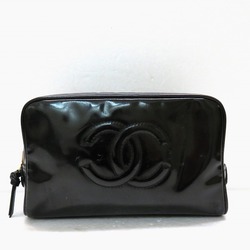 Chanel Enamel Pouch Cosmetic Clutch Bag Patent Coco Mark Black Ladies