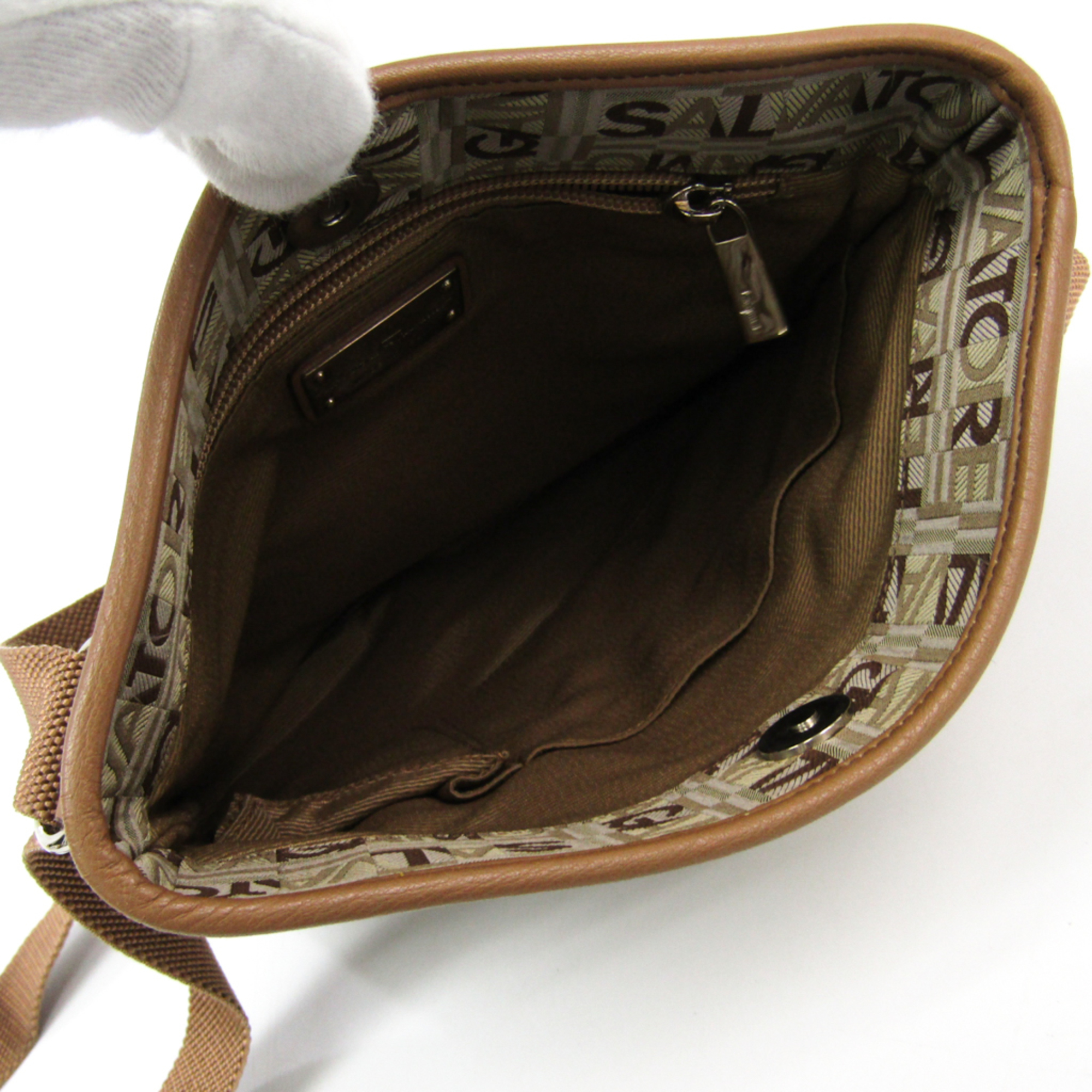 Salvatore Ferragamo Women's Leather,Canvas Shoulder Bag Beige,Brown
