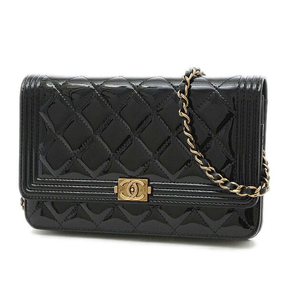 Chanel Boy Chain Wallet Patent Leather Black Gold Hardware A80287